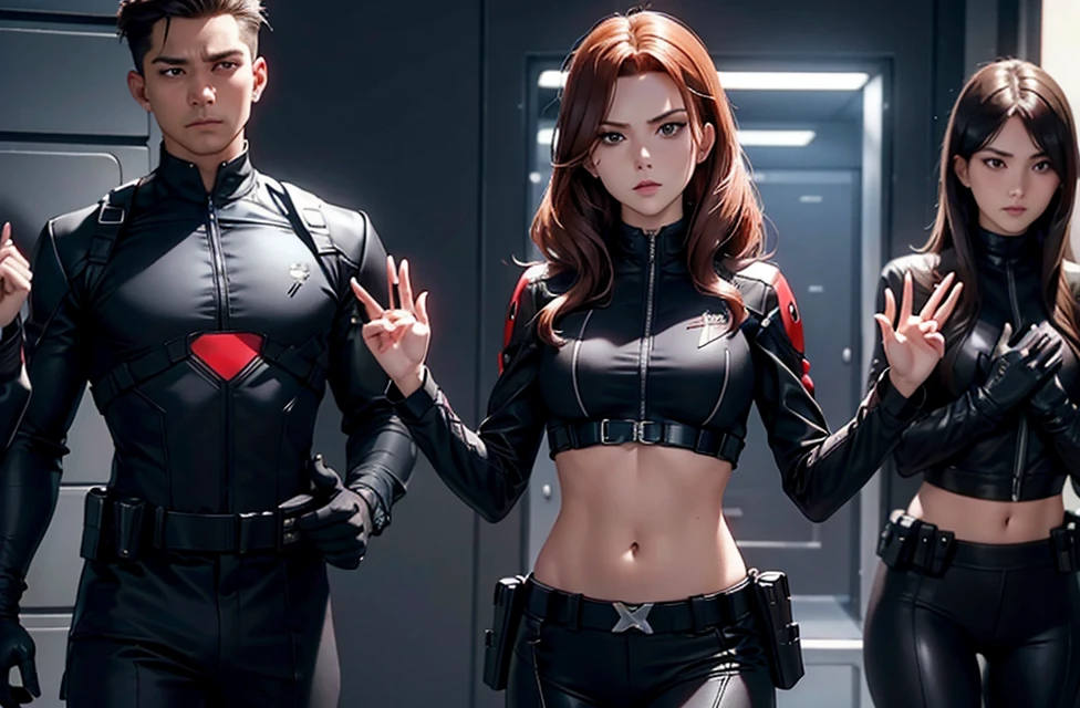 Girl, spy, black widow suit, crop top showing navel, (hands up surrender), ((got capture by some men))