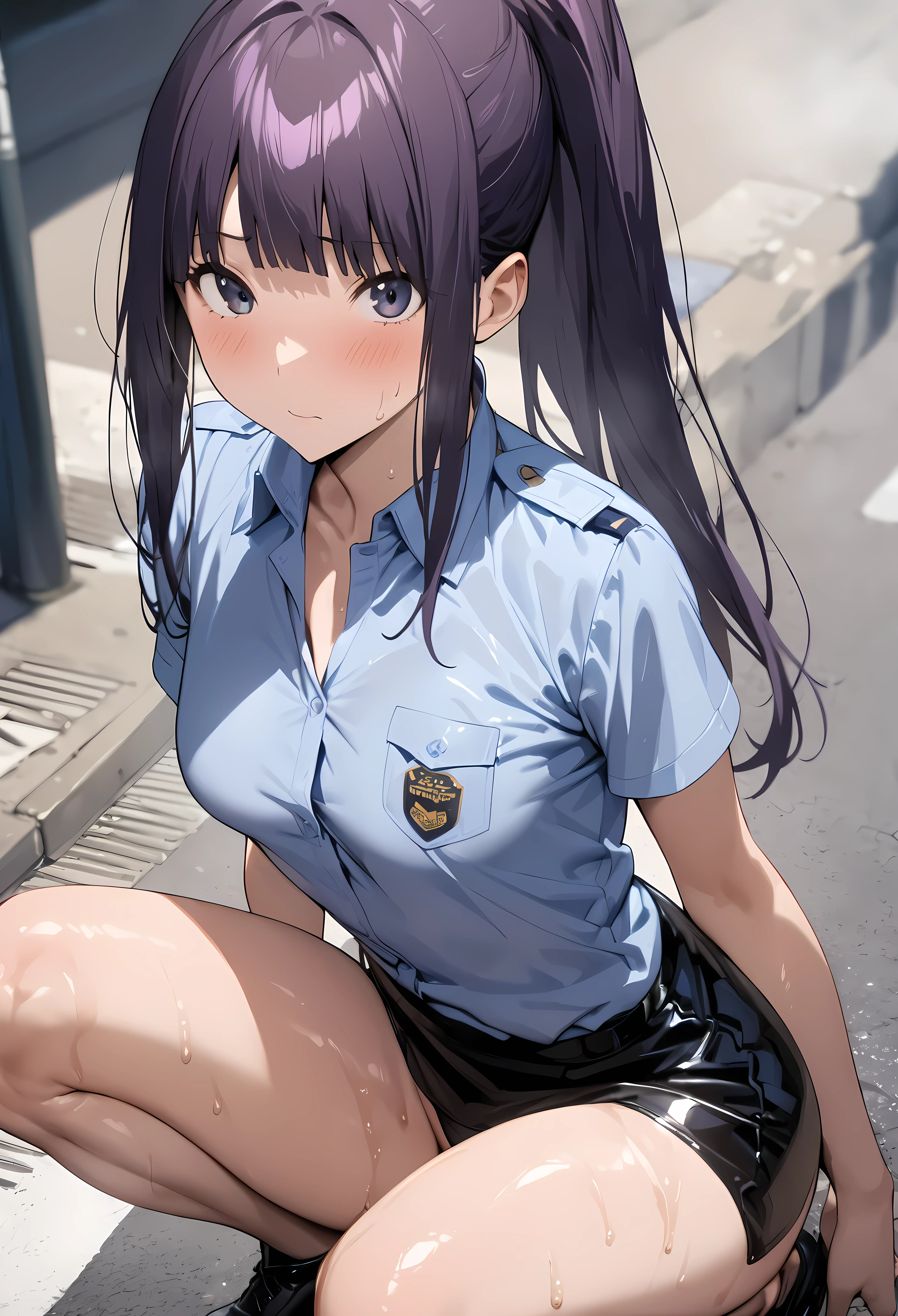 (masterpiece, highest quality:1.2),1 cowboy shot,girl,18 year old beauty、solo,ponytail hair,dark purple hair,slender body,skinny,medium breasts,oily skin,shiny skin,Police uniform、light blue shirt,Collared shirt、Short sleeve、Black mini skirt、Black panties、squatting,on street,Shibuya、Tokyo、