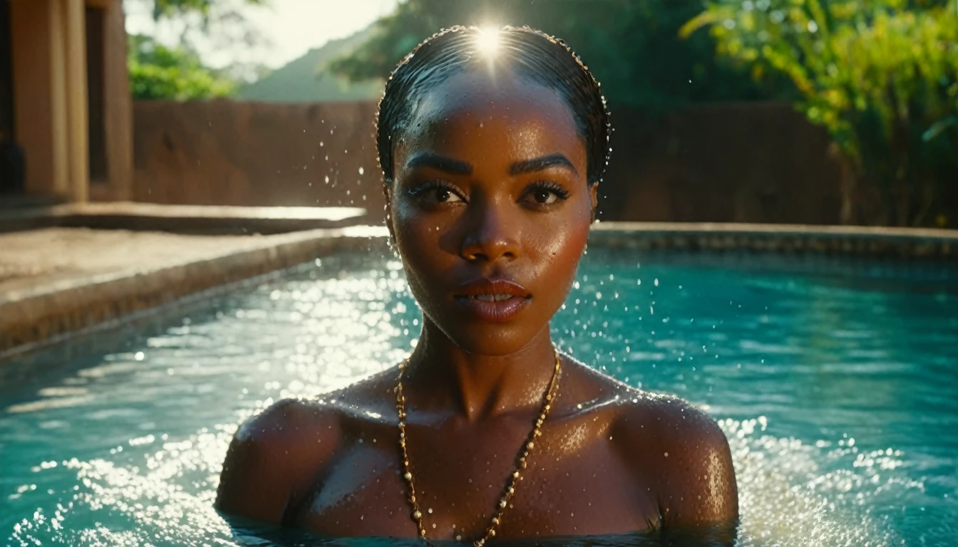 In a visually striking cinematic shot, a powerful African woman emerges from a glistening pool with an aura of strength and confidence. Shot in the style of a 1950's super panavision 70 film, the scene is captured with beautiful cinematography, emphasizing the woman's resilience and beauty. The image showcases her radiant presence against the vintage backdrop, exuding a timeless elegance and poise. Every detail, from the water droplets on her skin to the way the sunlight highlights her features, is impeccably portrayed, bringing her character to life in a captivating and evocative manner.