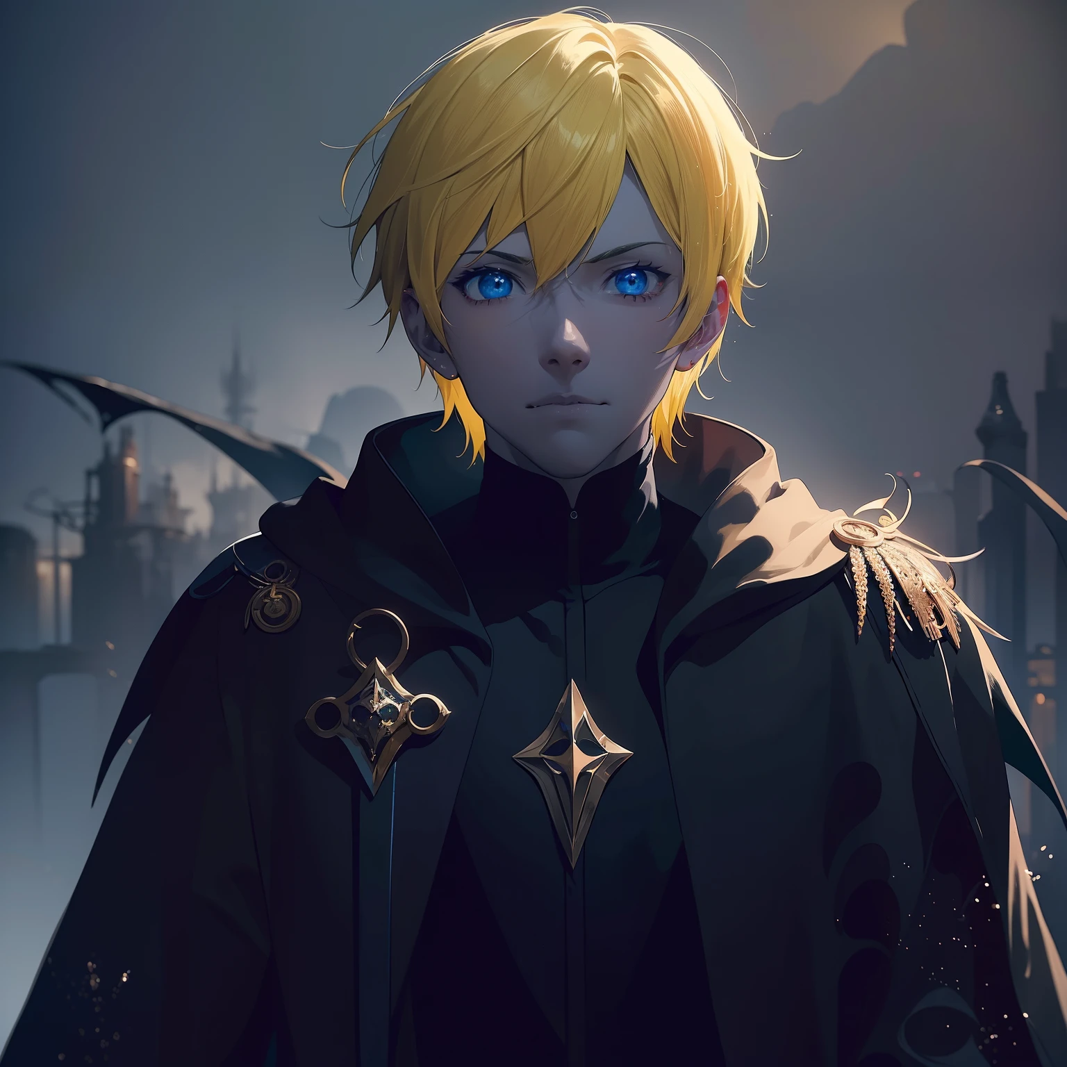 (in 8K、top-quality、​masterpiece:1.2)、(Vampire King)、Cyberpunk men、fantasy worlds、dark backgrounds、Clean design、Magnificent Instagram、art  stations、Colorful paint splatter、silhuette、Ultra-detailed intricate details、unrealengine、Fantasia、intricate detailes、Splash Screen、Complementary color scheme、Fantasy concept art、an oil painting、heavy strokes、Paint dripping、(isolated on white:1.3)、Rainbow skin、(((Handsome young man)))、(glowingblueeyes)、 ((Bright eye)), (( spiky short, Yellow hair:1.1))), ((Black Millitary Coat)), (prinz\\(indifferent look\\),(Wearing a luxurious black robe with high detail))), Yellow-haired, Frost magic, ((breastsout), ((Wizard)).