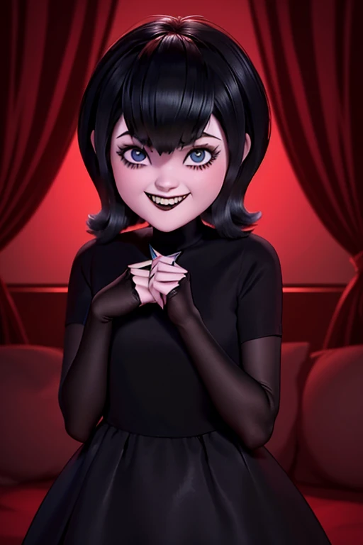 Mavis es una vampira de estatura media con una apariencia juvenil y atractiva. He has pale skin, cabello largo y negro, y ojos grandes y expresivos de color rojo brillante. Suele vestir con un estilo moderno y colorido, often in dresses or outfits that reflect their cheerful and energetic personality