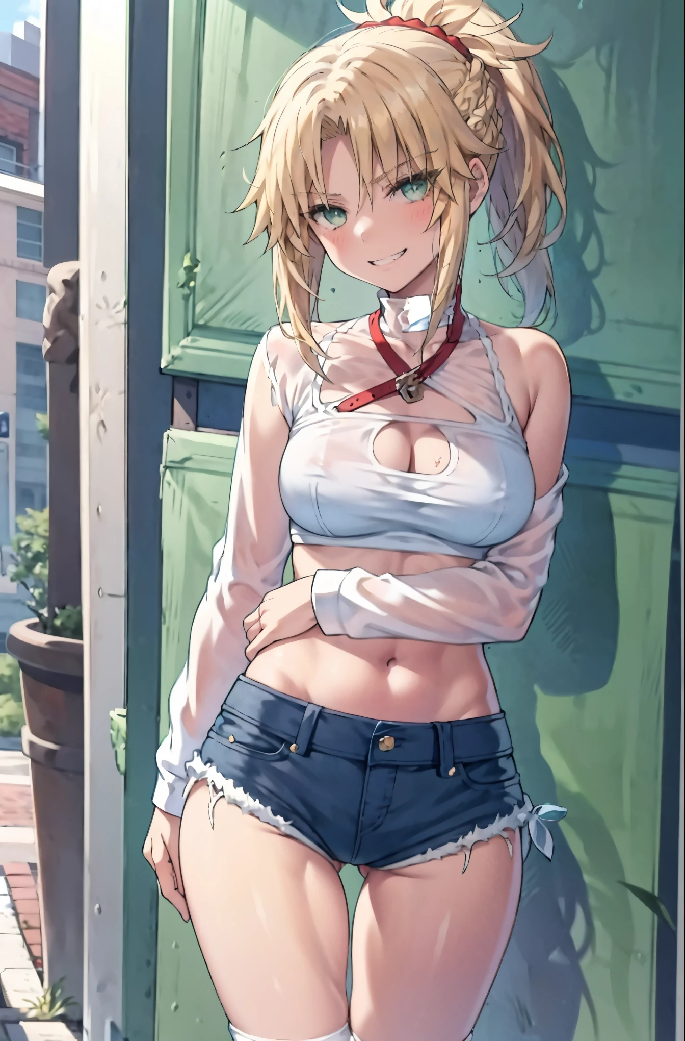 Masterpiece, Best Quality, illustration, city street, 1girl, Mordred \(fate\), cowboy shot, collarbone, Detailed blond hair ponytail braid, green eyes, Red leather jacket, White short blouse, denim shorts,navel,thigh-high,grin, covered_pussy,skiny,long_sword,apart_legs,