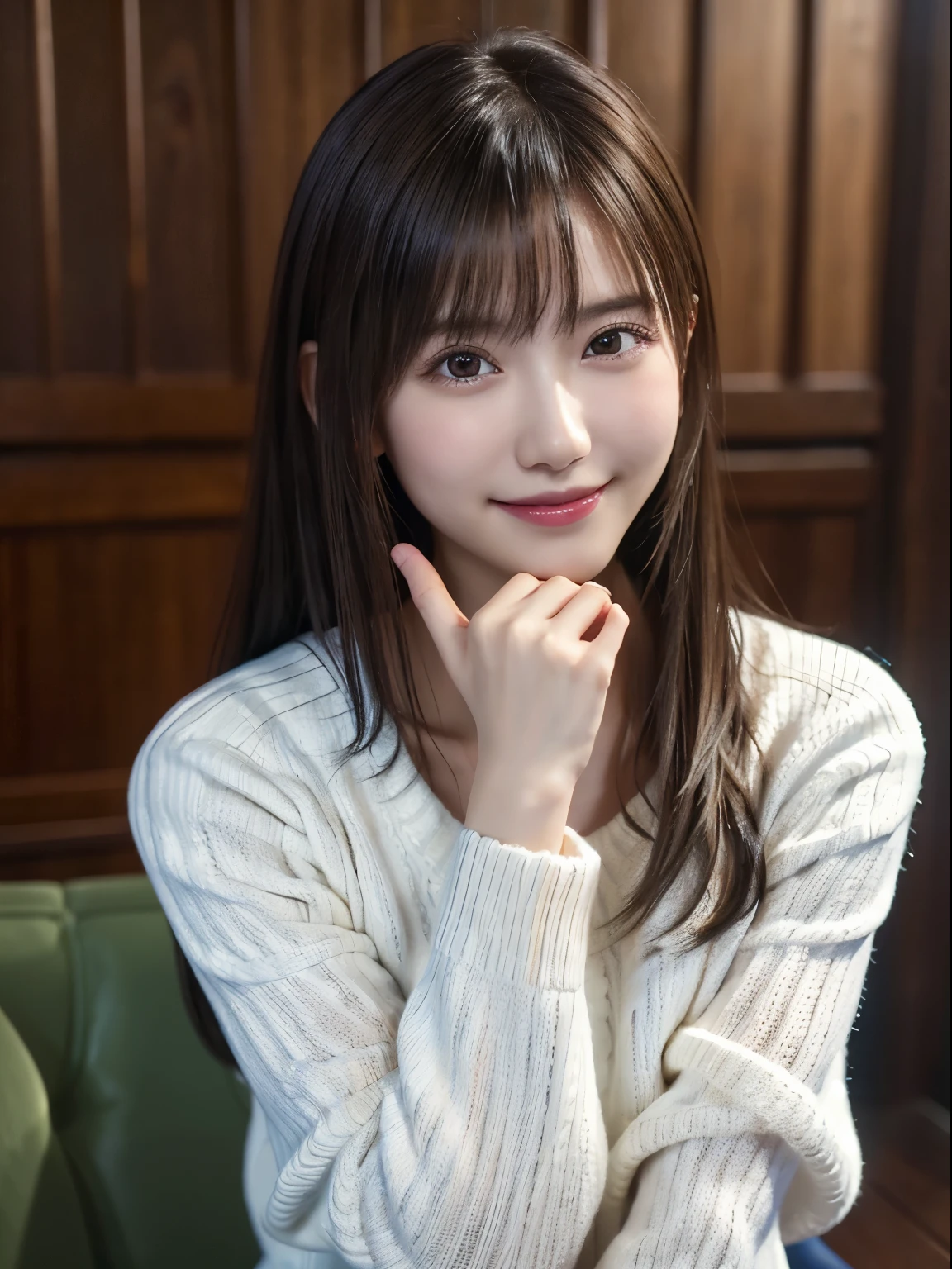 1 Japanese girl,(White sweater:1.4), (RAW Photos, highest quality), (Realistic, Realistic:1.4), Tabletop, Very delicate and beautiful, Very detailed, 8k wallpaper, wonderful, In detail, Very detailedなCG Unity, High resolution, Soft Light, Beautiful details 19 years old, Very detailedな目と顔, Beautiful and detailed nose, Beautiful details,Cinema Lighting,Perfect Anatomy,Slender body,smile (Asymmetrical bangs,)