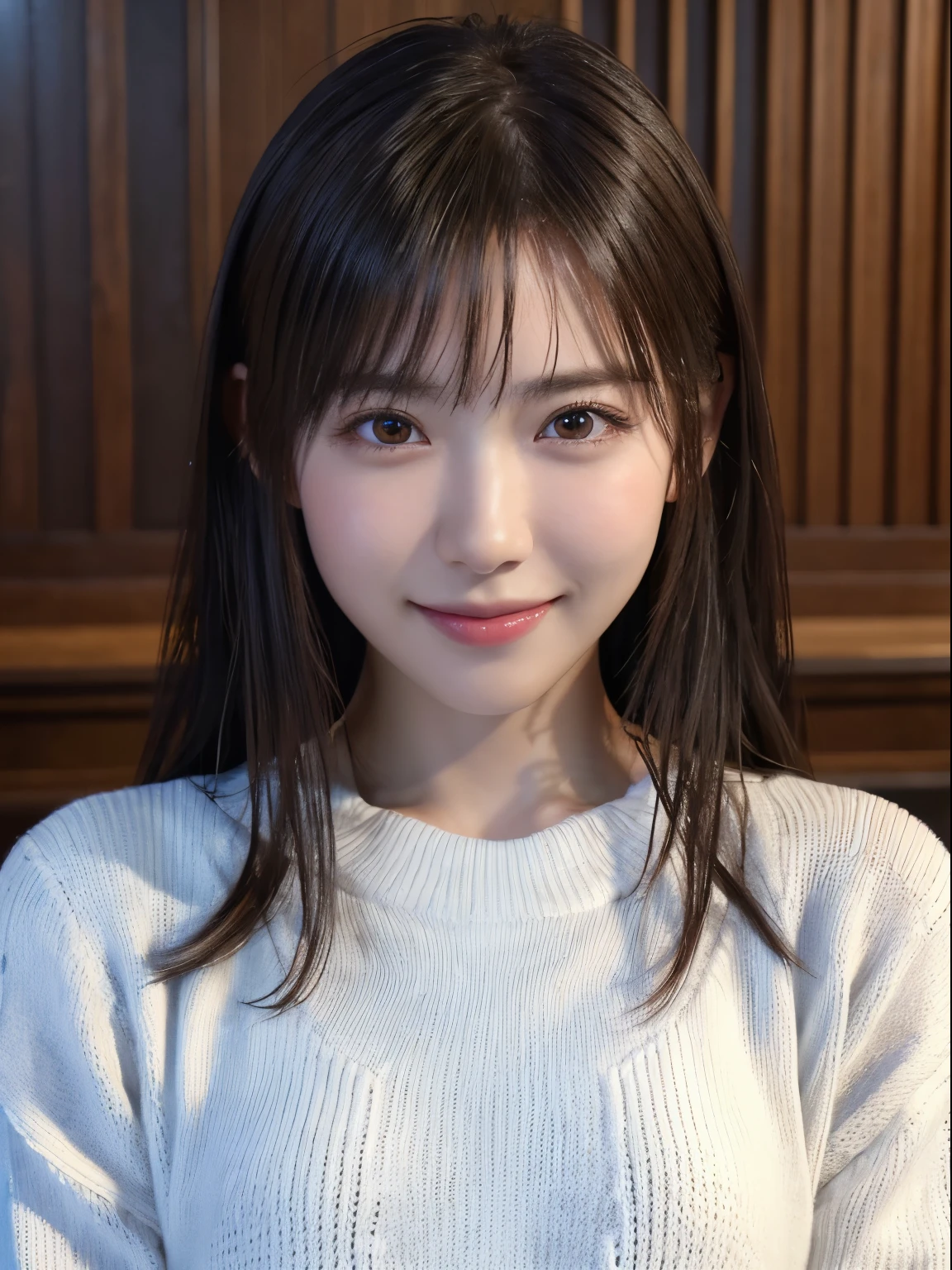 1 Japanese girl,(White sweater:1.4), (RAW Photos, highest quality), (Realistic, Realistic:1.4), Tabletop, Very delicate and beautiful, Very detailed, 8k wallpaper, wonderful, In detail, Very detailedなCG Unity, High resolution, Soft Light, Beautiful details 19 years old, Very detailedな目と顔, Beautiful and detailed nose, Beautiful details,Cinema Lighting,Perfect Anatomy,Slender body,smile  (Asymmetrical bangs,)