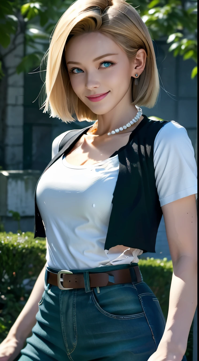 best quality, high-res, and18, 1girl, android 18, solo, blonde hair, blue eyes, belt, green jeans, pearl necklace, bracelets, black gloves, white shirt, short hair, short sleeves, earrings, green leggings, open vest, black vest, medium breasts, cowboy shot, battle ruins, straight-on, mountain view, (weather: rainy), cute smile, combat stance, wide hips, torn, clothes,