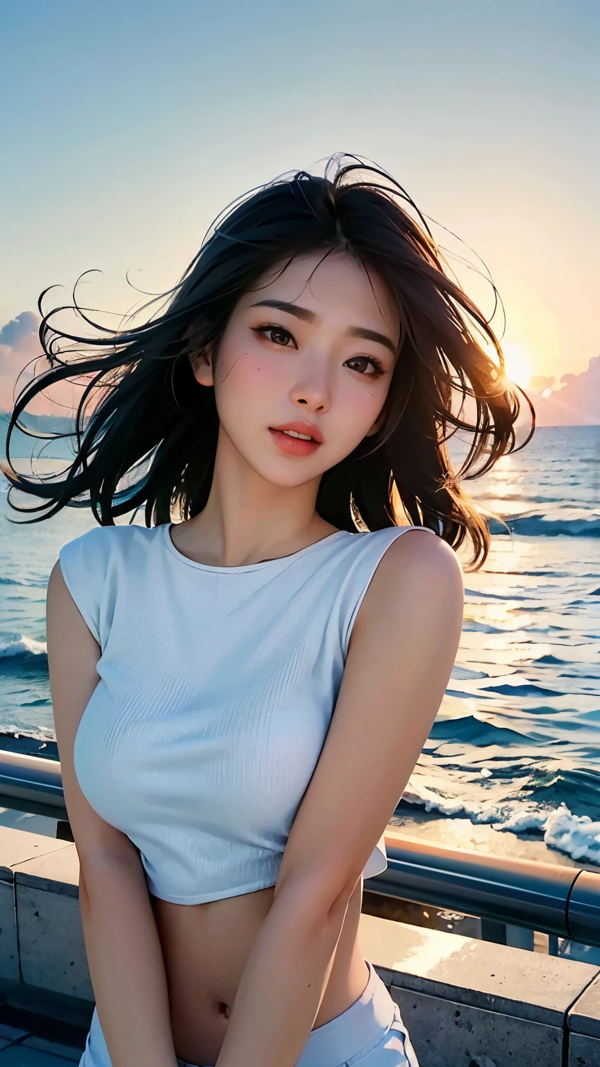 (logo、masterpiece、8k、Tabletop、RAW Photos、wonderful、最high quality、Photorealistic and Very detailed CG integrated 8k wallpaper、high quality、Very detailed、Narrative poem、Particle Effects、Dynamic Effects、Written boundary depth、Cinematic Light、Lens flare、Ray Tracing)、Fantasy、 (One beautiful woman、White pants、White T-shirt、White tube top、White crop top、Black-haired、Beautiful Face、True Face、Beautiful details、eye、Beautiful Skin、Ultimate Body、glamorous)、私の髪はWindに舞う、Hair flutters in Wind、Hair bounces、Seaside、wonderful景色、Coastal、sunrise、Sun in the background、Wind、Beach