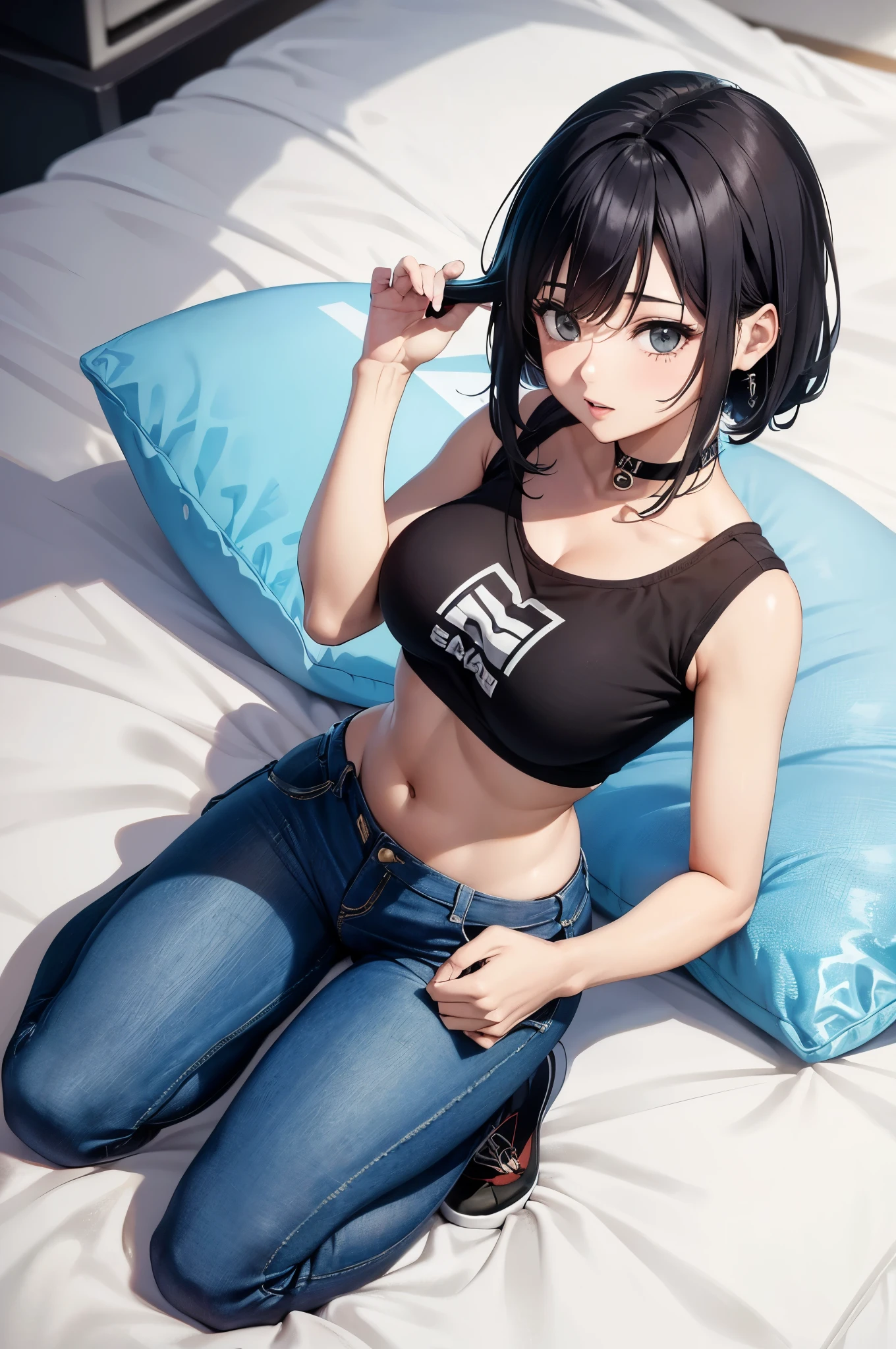 (Hinata Hyuga, muito sensual, com roupas apertadas, bunda grande, pernas grossas, Wearing extremely tight jeans, usando uma mini blusa, umbigo com pirsing, cabelo grande, Speaker behind, muito realista, extremamente sexy, 8k, 8k extremamente detalhado), (um extremamente delicado e bonito), (obra-prima), (melhor qualidade: 1.0), (ultra highres:1.0)
