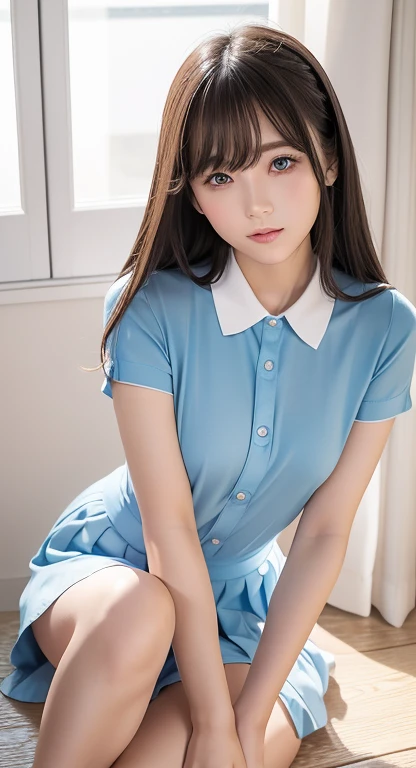 Bright expression、Photorealism、highest quality、ultra high resolution、picture、Photos of the most beautiful Scandinavian girls、A cute and beautiful face down to the last detail、Small Face、(Purelos Face_v1:0.008)、Beautiful Bangs、Alice in Wonderland、18-year-old、(Thighs Thighs Thighs Thighs:1.2)、Whole Body Ezbian、Glowing White Skin、Hair tangled in the face、Bangs on the face、Bans、Hair between the eyes、Super long hair、Attractive brown extra long straight silky hair、Beautiful bright transparent light blue big eyes that are charming and shining、(school uniform, Short sleeve shirt:1.2)、eyeliner、sitting in classroom、double eyelid、Ample breasts、Dynamic pose,