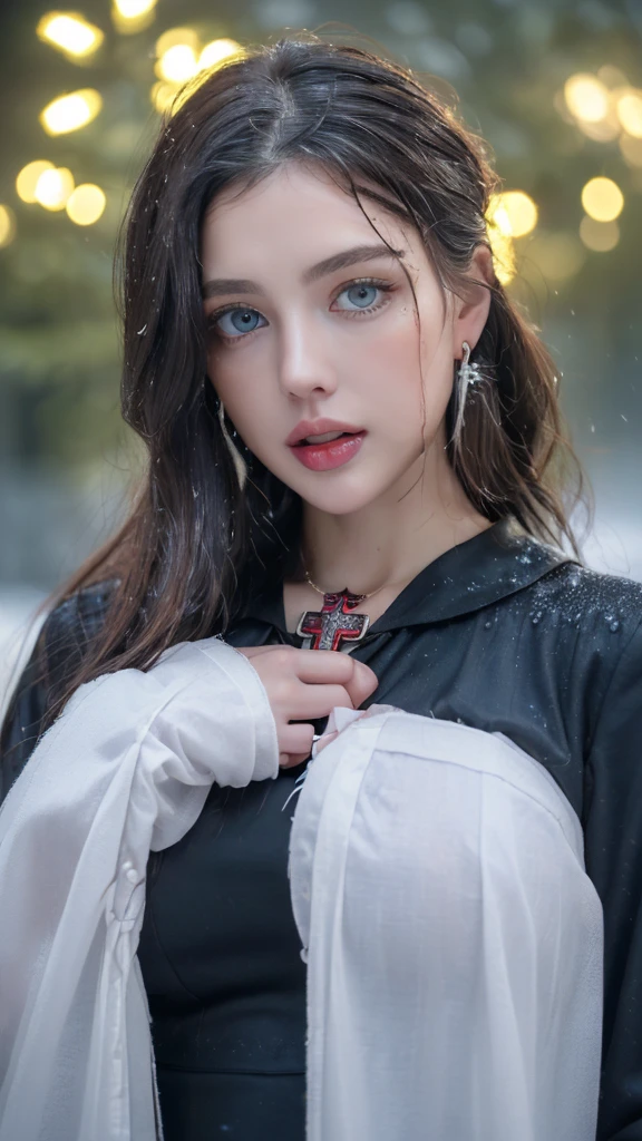 1 miniature Beautiful beautiful woman - Yuan Sayuki, ((top quality, 8K, Masterpiece:1.retty woman, 1 woman, huge breasts:1.3, a slim body:1.1, lush GINGER long hair with 2 buns, (shower, wet body, wet clothes:1.1), very detailed face, detailed lips, detailed eyes, double eyelids, Detailed blue eyes, чрезвычайно Detailed Outstanding Blue Eyes, long GINGER wet hair, GINGER wet hair, Detailed Outstanding Blue Eyes, innocent look at the viewer, very wet wavy white hair, Detailed Outstanding Blue Eyes, huge cross earrings, Outdoors, badges behind, gothic maid uniform,  sexy maid dress, bare chest, huge chest tattoo, detailed huge catholic cross earrings, chest tattoo, Outside, wear a silver cross (Detailed cross shape), reality mode, wet breasts, black necklace, human crowd behind, black latex gloves, hair of white snowy colour, night time, red neon lights, demonic nun, nimbus (golden lighting ring above her head), angel, snowy weather, sexy pose, white lingerie, black maid dress, detailed flower wreath made of different colours, open chest (tattoo on her chest)