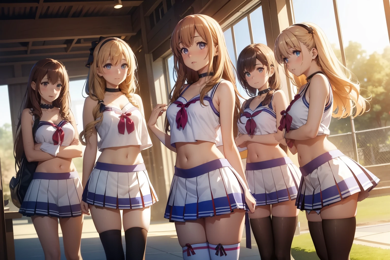 5girls, (multiple girls), highly detailed, best quality, illustration, game cg, perfect anatomy, beautiful cute face girl, beautiful hair, beautiful detailed eyes, choker, cheerleader, midriff, school field, natural lighting, aichan, latifa fleuranza, yuigahama yui, white thigh highs, collarbone, sleeveless