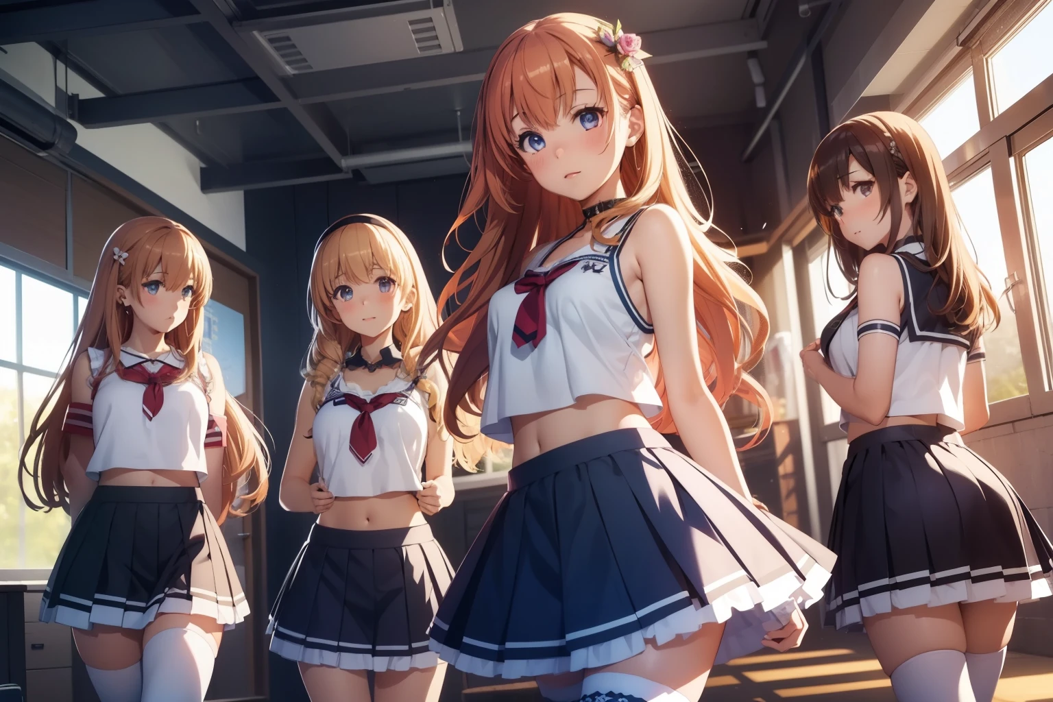 5girls, (multiple girls), highly detailed, best quality, illustration, game cg, perfect anatomy, beautiful cute face girl, beautiful hair, beautiful detailed eyes, choker, cheerleader, midriff, school field, natural lighting, aichan, latifa fleuranza, yuigahama yui, white thigh highs, collarbone, sleeveless