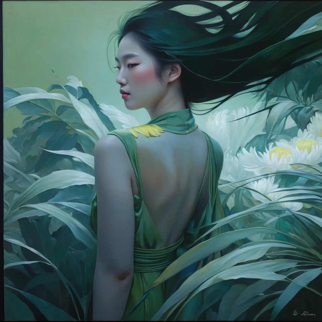 fashion magazine，ultrarealism oil painting，（macaw），Chinese long haired young girl，Light green and powder yellow，Chrysanthemum and plant covering background，The style of artist Bruce Zheng，Huge round chest，shinny hair，cowboy lens，art-deco，Verism，blooms，Award-Awarded，retinas