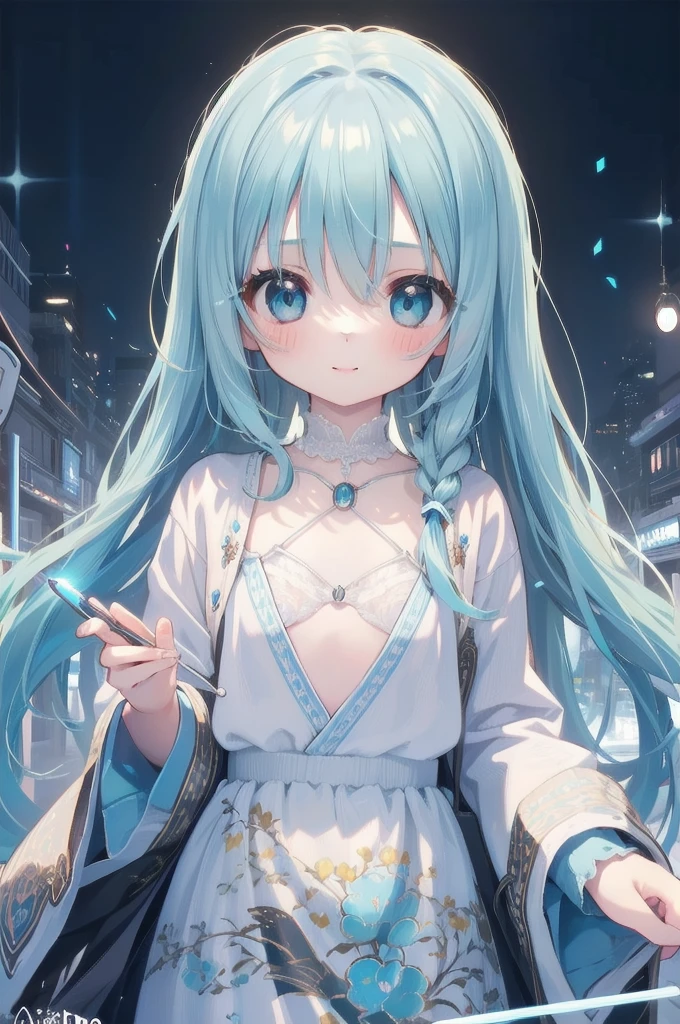 masterpiece, best quality, extremely detailed, (illustration, official art:1.1), 1 girl ,(((( light blue long hair)))), ,(((( light blue long hair)))),light blue hair, ,10 years old, long hair ((blush)) , cute face, big eyes, masterpiece, best quality,(((((a very delicate and beautiful girl))))),Amazing,beautiful detailed eyes,blunt bangs((((little delicate girl)))),tareme(true beautiful:1.2), sense of depth,dynamic angle,,,, affectionate smile, (true beautiful:1.2),,(flat chest)),masterpiece, highest quality, Super Detail, 8k, Detailed light, Detailed Shadows, to be born, (Genuine: 1.2),Celebrity autographed trading cards, Trading card-like design. Using the bulb shooting function, An artist draws letters using the light trails of a penlight, A bustling thoroughfare with neon signs and illuminations