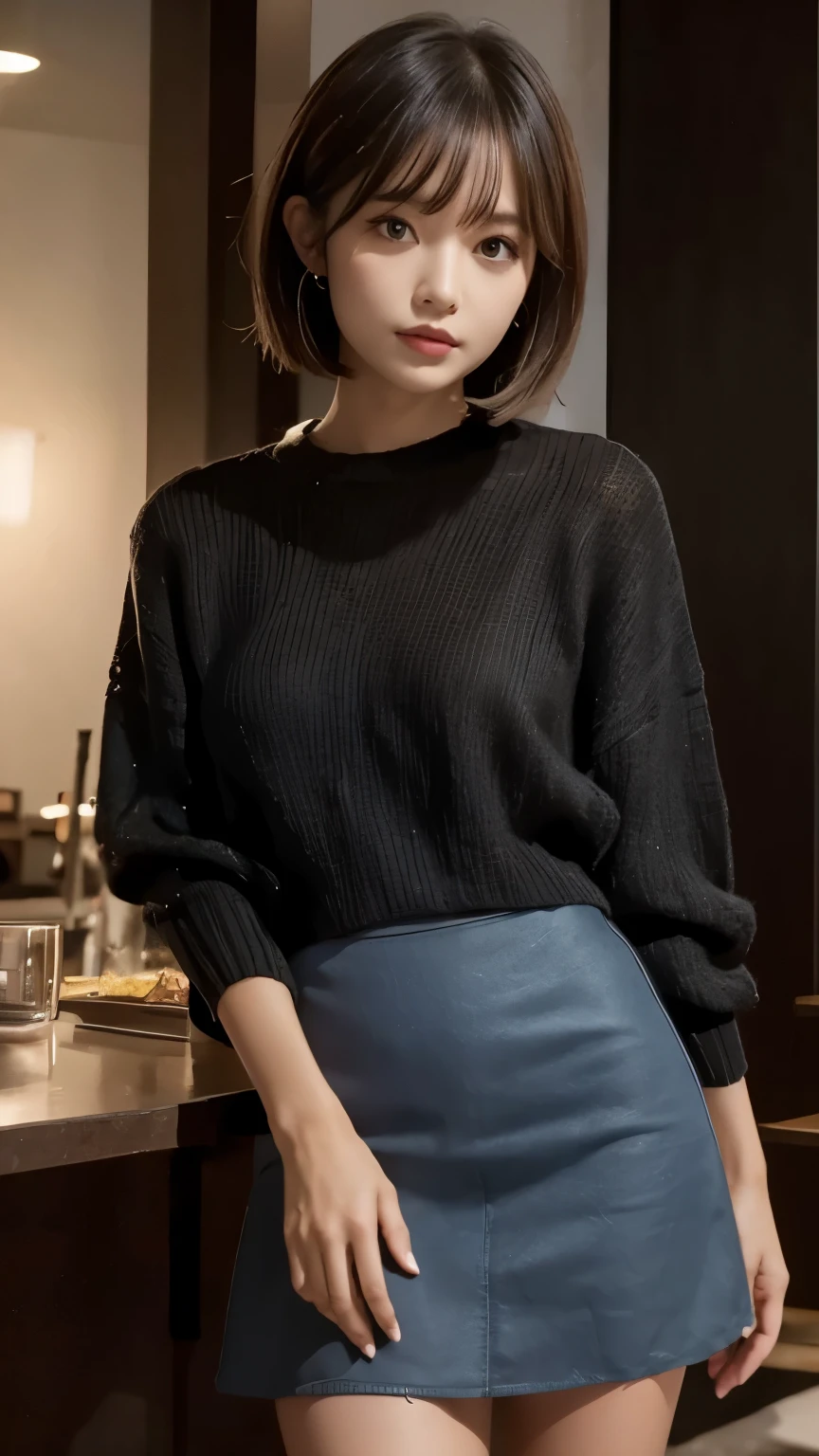 Black summer knit:1.3, mini skirt:1.2, Medium Bob