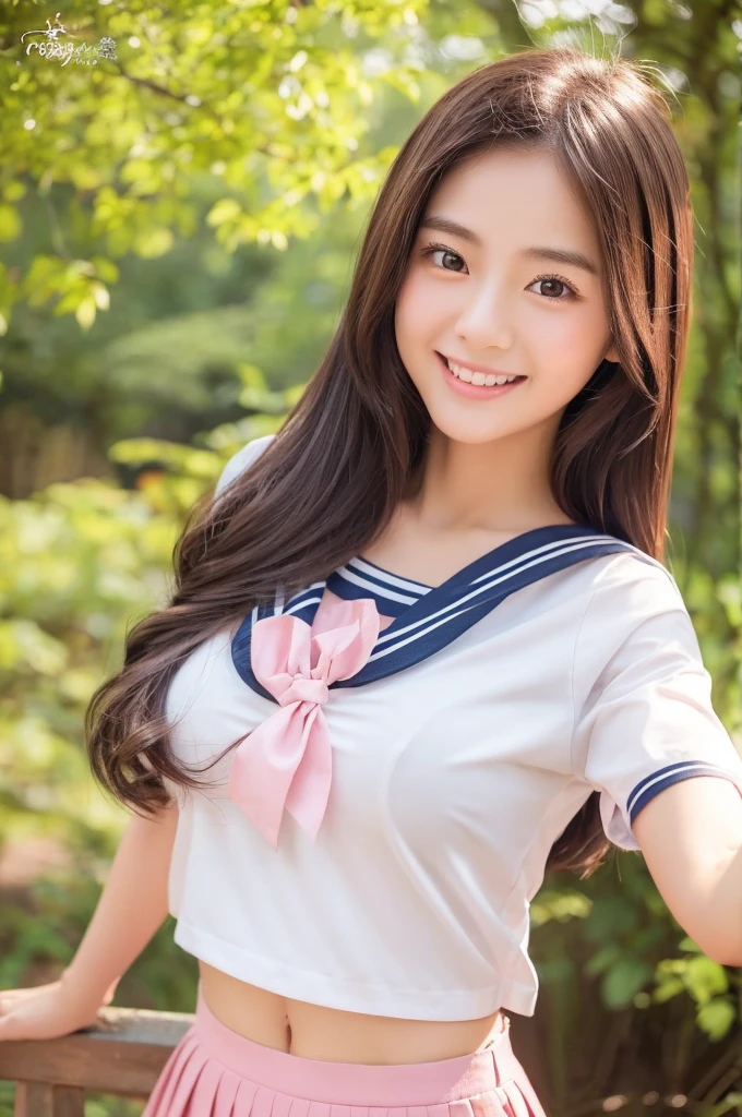 Image resolution 8K、masterpiece:1.3)、Beauty、1 female、(魅力的なbody:1.2)、abdomen:1.1、Dark Brown Hair:1.1、(body:1.2)、Ultra-detailed face、Attractive lips、double eyelid、Ultra-realistic and detailed Japanese school girl wearing a white short-sleeved sailor suit and pink skirt、Japanese women、10th Generation(18-year-old)、There is a forest in the background、Breast Size 82cm、nice smile、