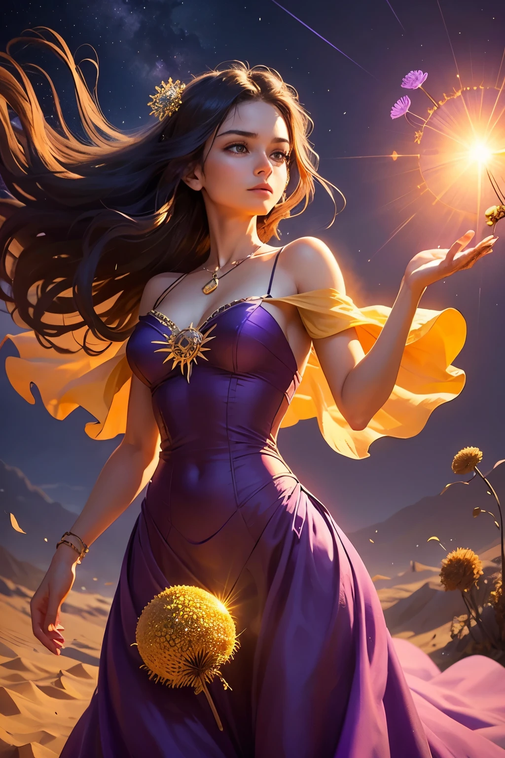 A woman in a purple dress with the sun in the background holding on to a star encrusted dandelion husk floating over a violet and orange-yellow sky lofted on the winds of a changing world lost in the sands of time.