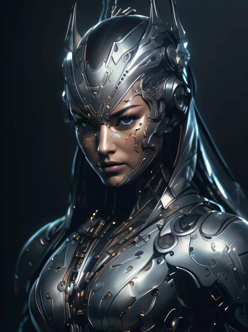 ((Masterpiece, top quality, highly detailed, high resolution, photorealistic, sharp focus, cinematic lighting)), ((solo woman, middle shot, focus from the chest up, face light)), high contrast , Warflame close-up, monocular lens, wearing intricately patterned armor, villain cyborg, alien cyborg, Crisis nano suit, assassin's elaborate mech armor, bad guy's face in armor, cool cyborg Still photo, looking at viewer, black mecha
