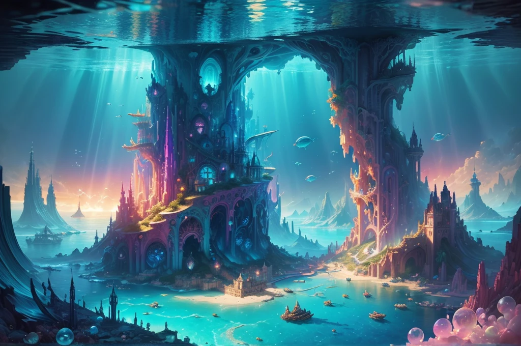 ((need)), ((masterpiece)), (Detailed)),Marvel Universe,colorful atlantis city,A colorful underwater kingdom,an underwater city,palace,Alien Technology,Colorful magical sea creatures,Cyberpunk of the future,Surreal dreams,Surrealist art fantasy style,Epic Digital Fantasy Art Style,art germ, Broken glass, ((Bubbling underwater landscape)) Radiant Octane Rendering is Highly Detailed、Dolphins and mermaids