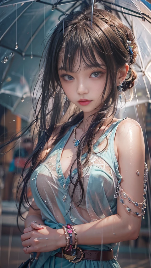 (RAW shooting, Realistic:1.5, 8k, highest quality, masterpiece, Ultra-high resolution), night, Expressions of sadness:0.7, (Typhoon heavy rain), Highly detailed skin and facial textures:1.3, Perfect dynamic composition:1.0, A slim high school girl wet with rain, Sexy beauty, Very beautiful face, Perfect Style, beautifully、beautiful, Fair skin, (The rain drips down on my body:1.0, Wet Hair:1.0, Wet casual clothes:1.0), Water droplets on the skin, Shapely breasts, Chest gap, A shy smile, Her expression when she felt intense caresses, Facial expressions when feeling happy, (Beautiful erotic eyes, Sexy lips), attractive, necklace, Earrings, bracelet, ribbon, Too erotic, Cowboy Shot