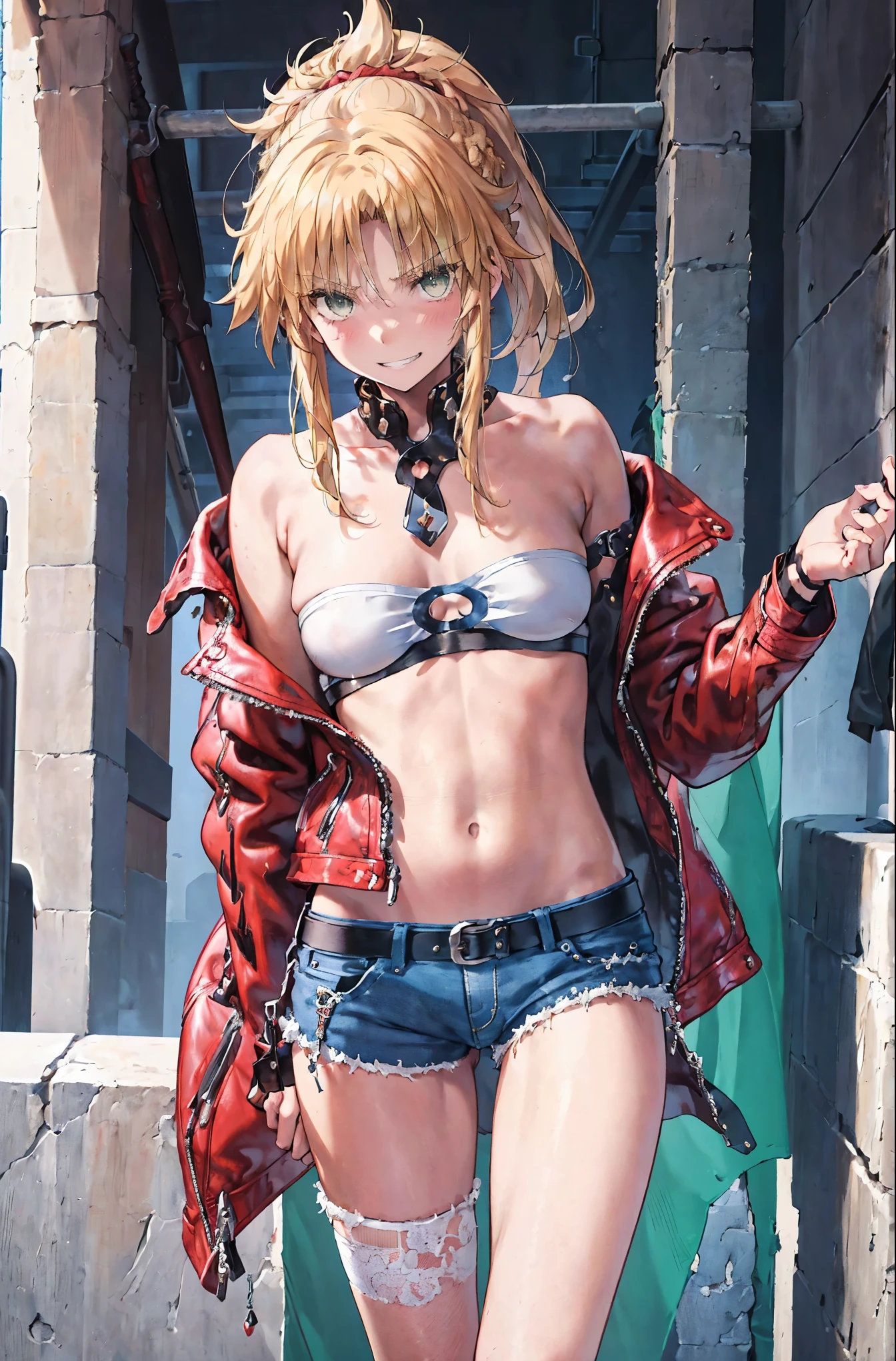 Masterpiece, Best Quality, illustration, city street, 1girl, Mordred \(fate\), cowboy shot, collarbone, Detailed blond hair ponytail braid, green eyes, Red leather jacket, White short blouse, denim shorts,navel,thigh-high,grin, covered_pussy,skiny,long_sword,apart_legs,