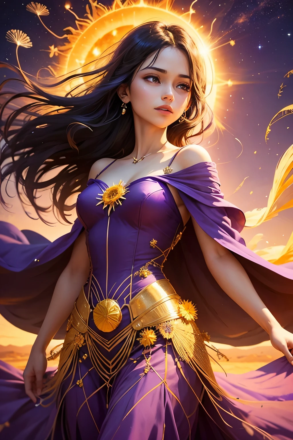 A woman in a purple dress with the sun in the background holding on to a star encrusted dandelion husk floating over a violet and orange-yellow sky lofted on the winds of a changing world lost in the sands of time.