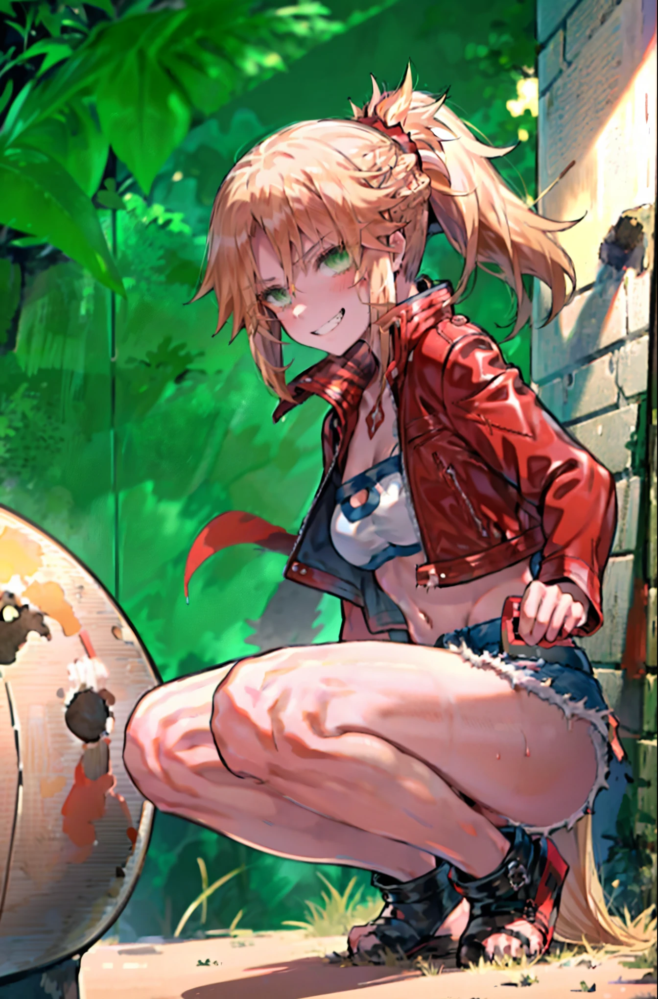 Masterpiece, Best Quality, illustration, city street, 1girl, Mordred \(fate\), cowboy shot, collarbone, Detailed blond hair ponytail braid, green eyes, Red leather jacket, White short blouse, denim shorts,navel,thigh-high,grin, covered_pussy,skiny,long_sword,apart_legs,