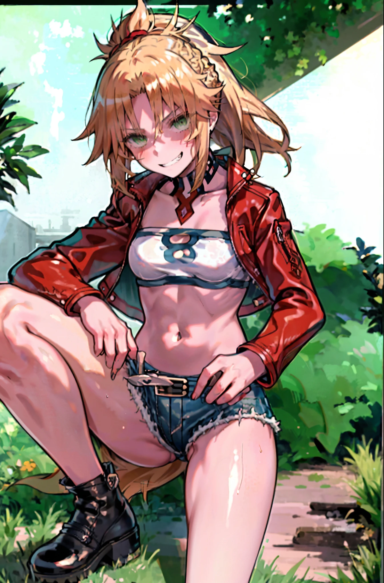 Masterpiece, Best Quality, illustration, city street, 1girl, Mordred \(fate\), cowboy shot, collarbone, Detailed blond hair ponytail braid, green eyes, Red leather jacket, White short blouse, denim shorts,navel,thigh-high,grin, covered_pussy,skiny,long_sword,apart_legs,