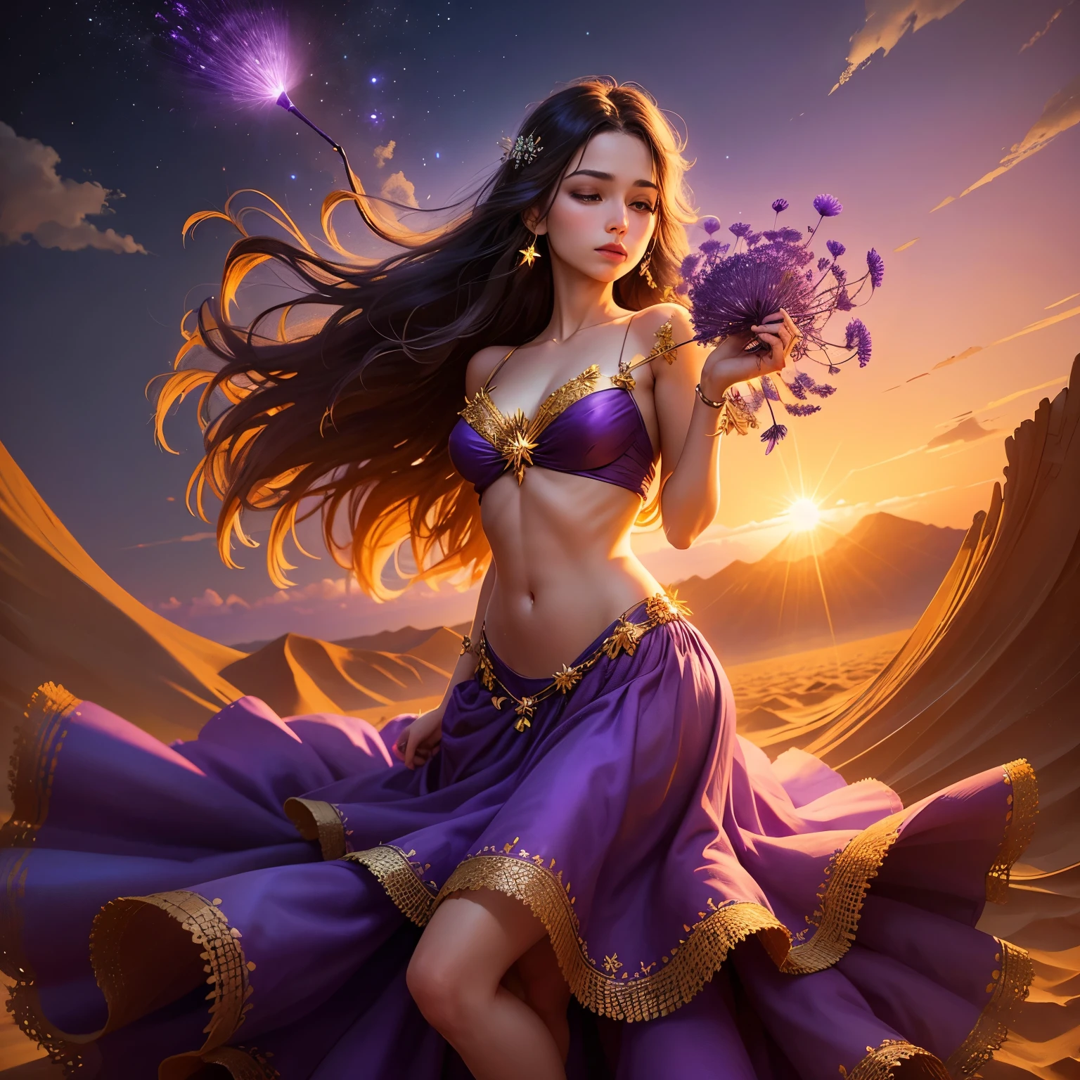A woman in a purple dress with the sun in the background holding on to a star encrusted dandelion husk floating over a violet and orange-yellow sky lofted on the winds of a changing world lost in the sands of time.