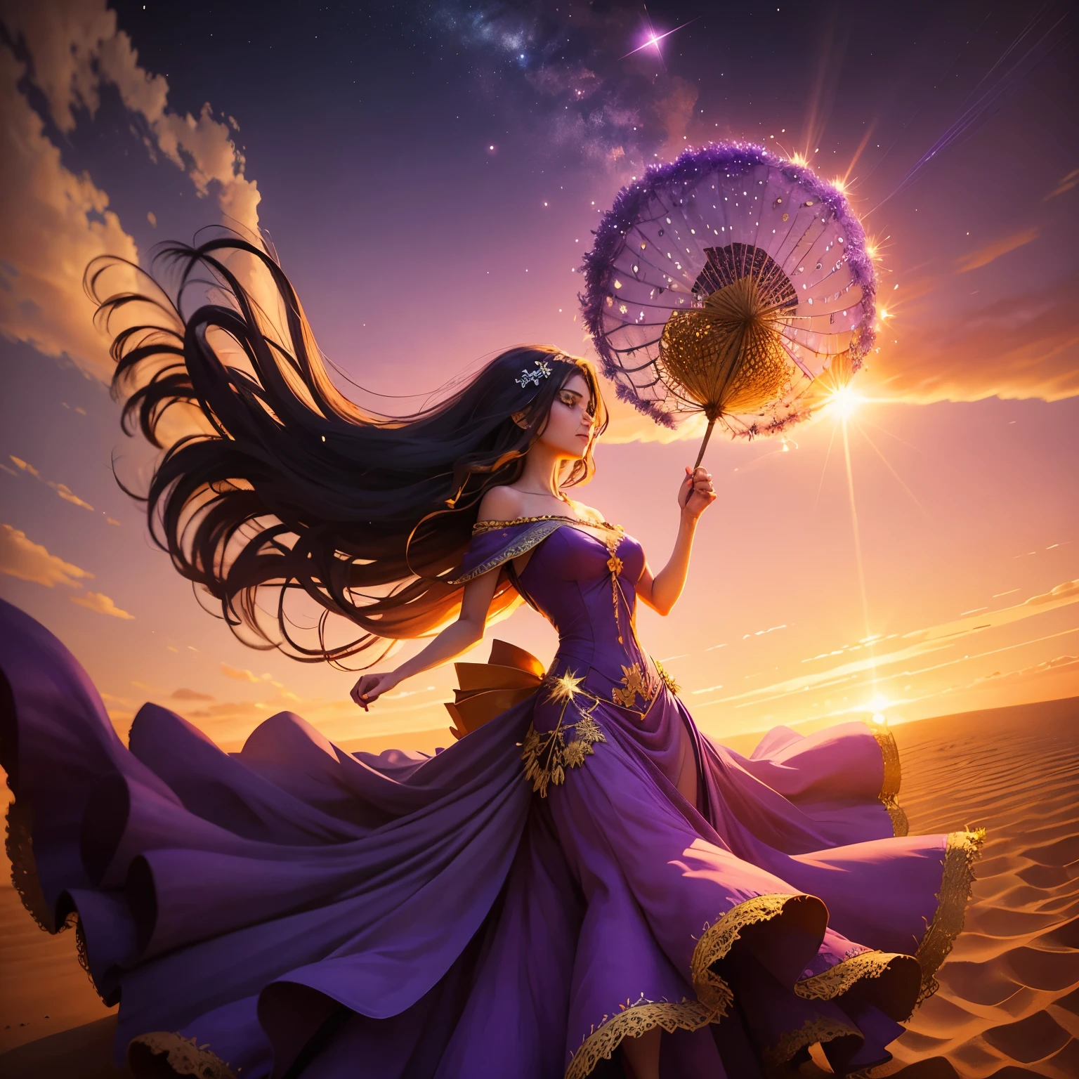 A woman in a purple dress with the sun in the background holding on to a star encrusted dandelion husk floating over a violet and orange-yellow sky lofted on the winds of a changing world lost in the sands of time.