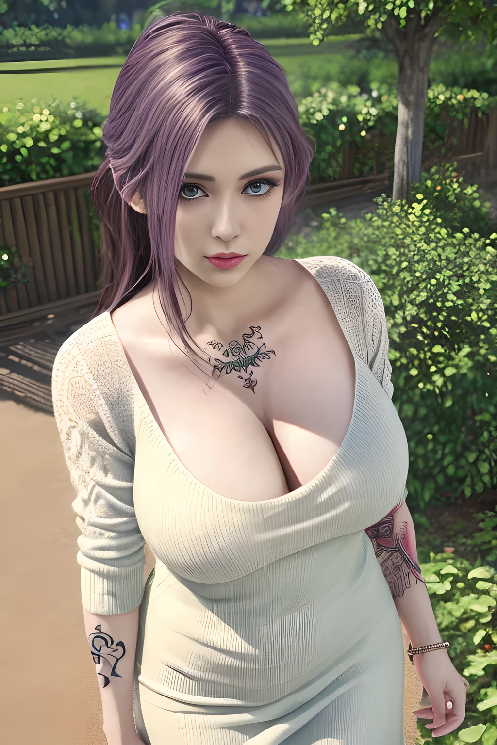 1girl, in a garden, white knit dress, appealing cleavage,( beautiful tattoo:1.2), overhead view, beautiful detailed eyes, beautiful detailed lips, extremely detailed eyes and face, long eyelashes, greenery around, blooming flowers, bright sunlight, shady trees, outdoor setting, feminine charm, detailed texture, snug fit, fashionable, soft fabric, radiant skin, (best quality,4k,8k,highres,masterpiece:1.2), ultra-detailed, (realistic,photorealistic,photo-realistic:1.37), elise,