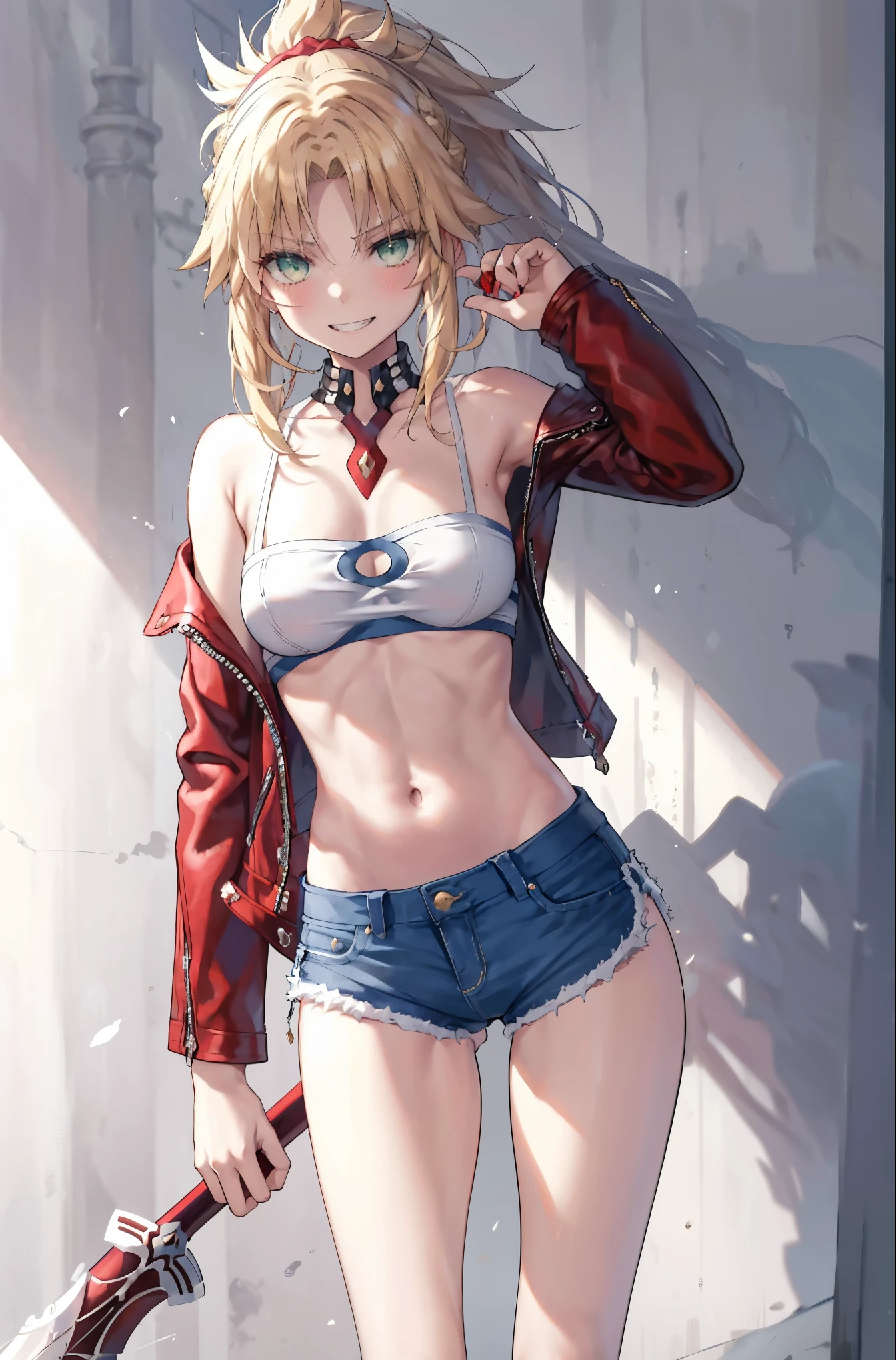 Masterpiece, Best Quality, illustration, city street, 1girl, Mordred \(fate\), cowboy shot, collarbone, Detailed blond hair ponytail braid, green eyes, Red leather jacket, White short blouse, denim shorts,navel,thigh-high,grin, covered_pussy,skiny,long_sword,apart_legs,