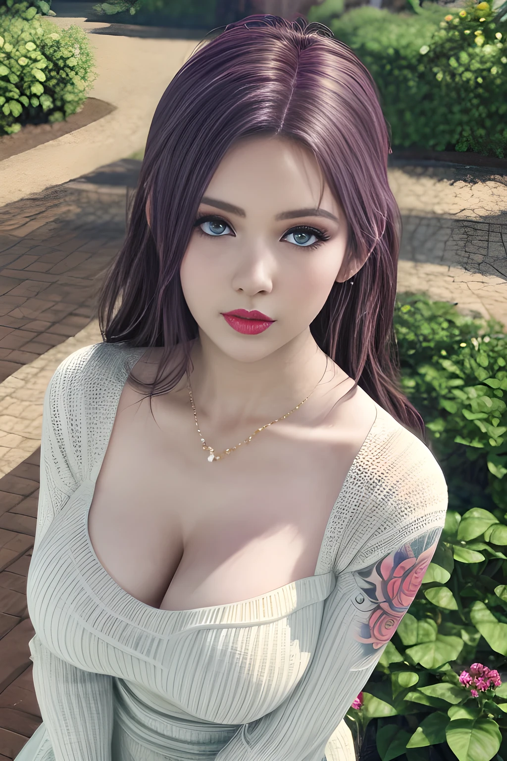 1girl, in a garden, white knit dress, appealing cleavage,( beautiful tattoo:1.2), overhead view, beautiful detailed eyes, beautiful detailed lips, extremely detailed eyes and face, long eyelashes, greenery around, blooming flowers, bright sunlight, shady trees, outdoor setting, feminine charm, detailed texture, snug fit, fashionable, soft fabric, radiant skin, (best quality,4k,8k,highres,masterpiece:1.2), ultra-detailed, (realistic,photorealistic,photo-realistic:1.37), elise,