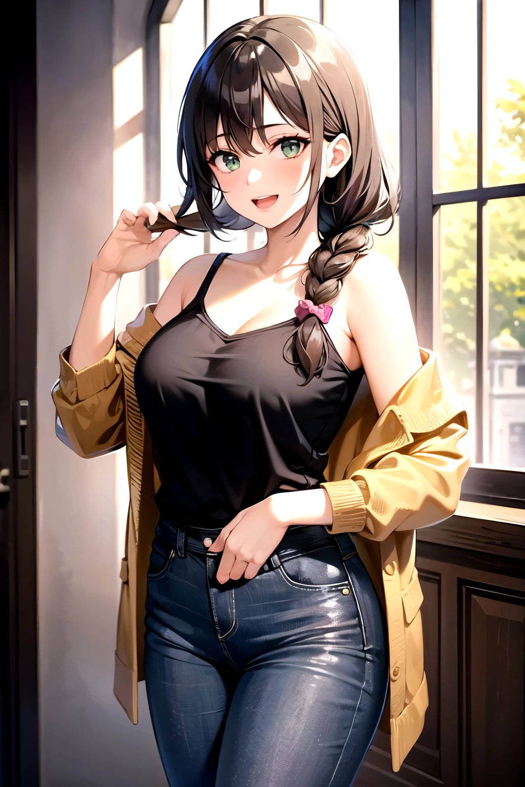 1girl, solo, long hair, looking at viewer, smile, open mouth, large breasts, brown hair, shirt, long sleeve, loose shirt, hair ornament, green eyes, collarbone, braid, pants, black shirt, single braid, scrunchie, hair over shoulder, hair scrunchie, mature female, wide hips