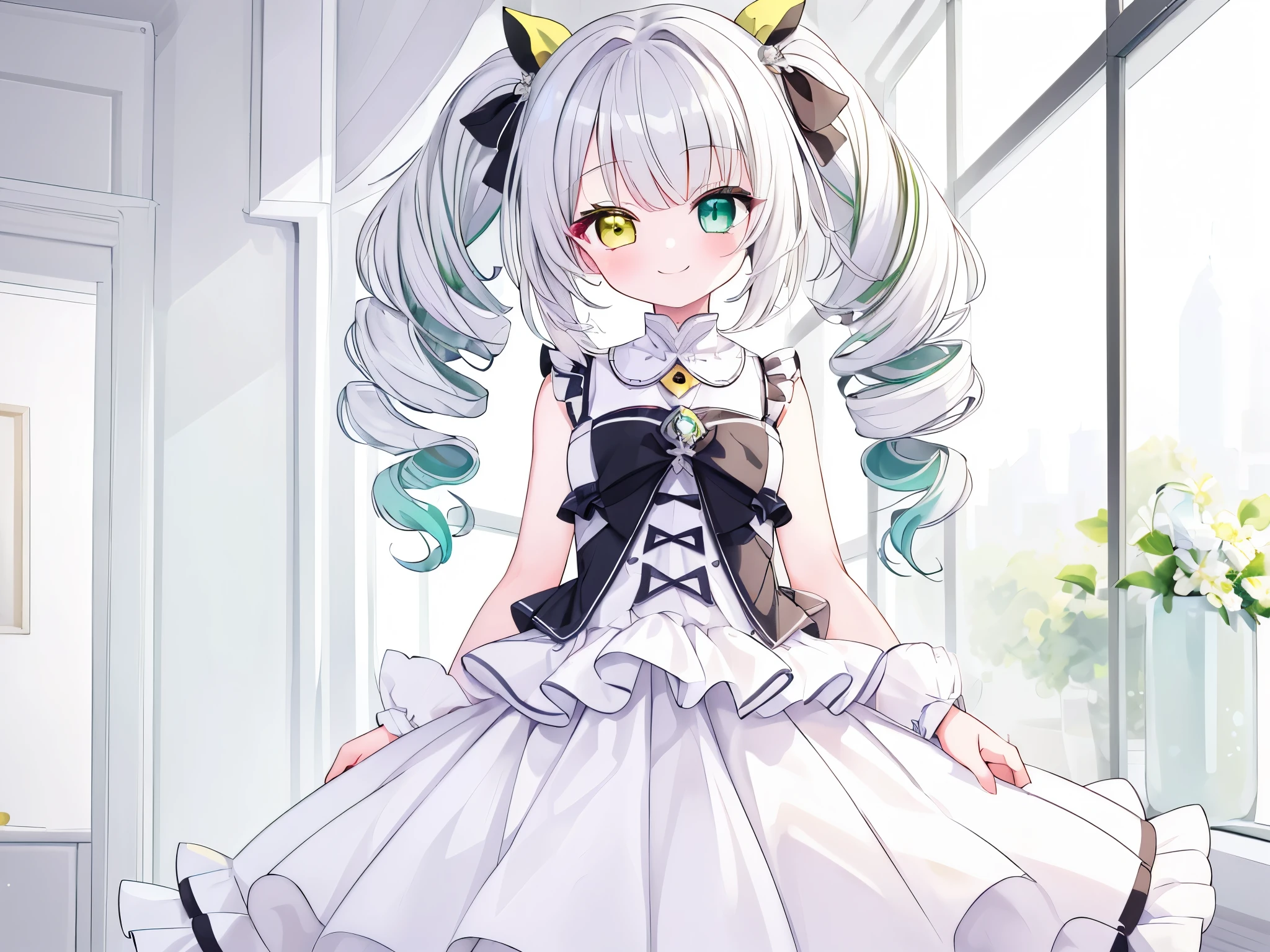 (((masterpiece, highest quality, High resolution,8k))),(((beautiful girl))),whole body,twin drill,silver hair,heterochromia green eye yellow eye,,smile,