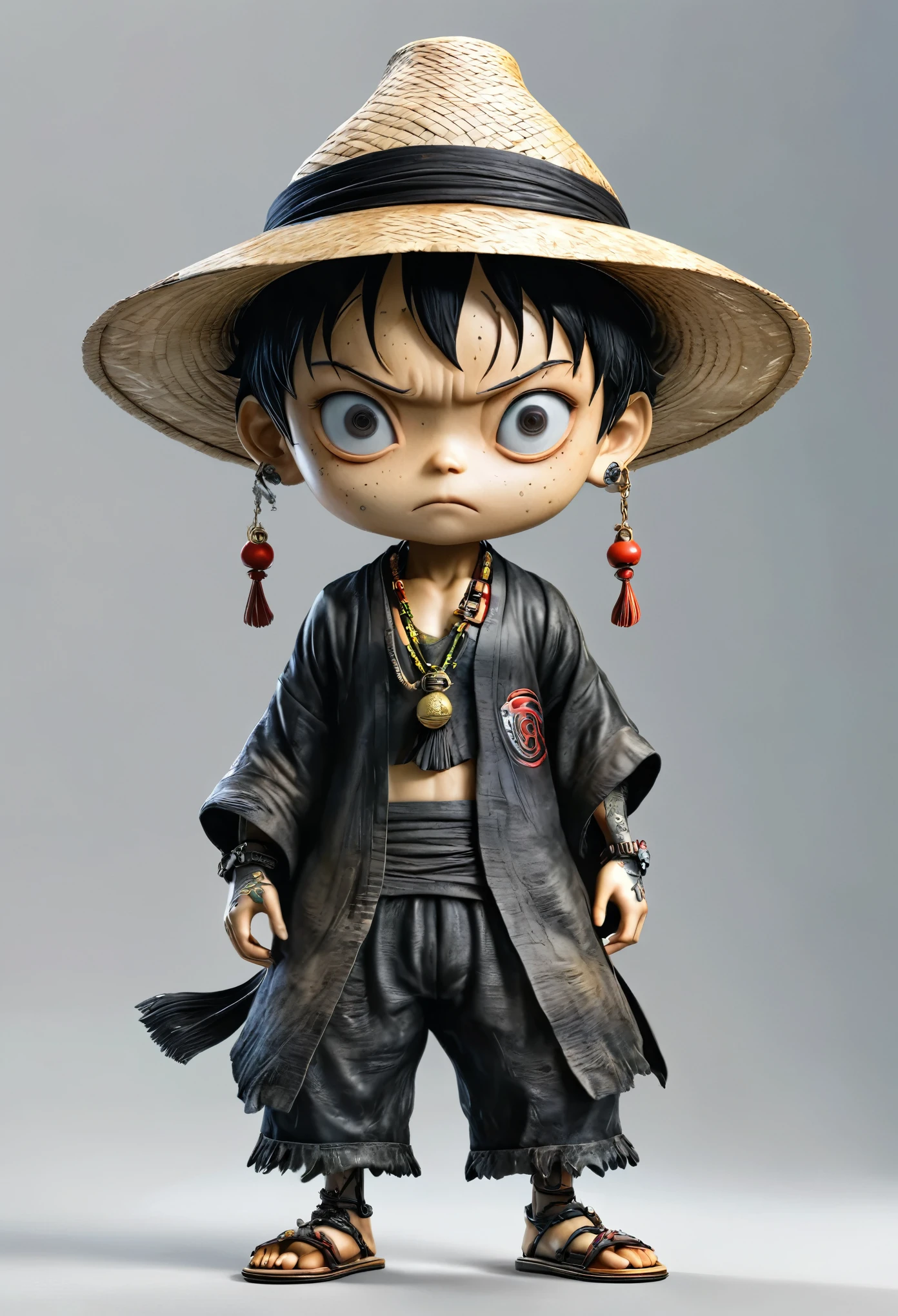 alien robot luffy, Solitary，Angry expression, Metal earrings and necklaces, High-end digital chibi art, Worn straw hat, Ragged clothes, scars in the face, Black tattoos on body, whole body, slippers, Weathering process, scary, (best quality, 4k acetate render, 3D Rendering), Super detailed, (Practical, photoPractical:1.37), HDR, Ultra HD, Studio Lighting, Super Fine, Clear focus, Physically Based Rendering, Extremely detailed description, professional, Bright colors, Bokeh.