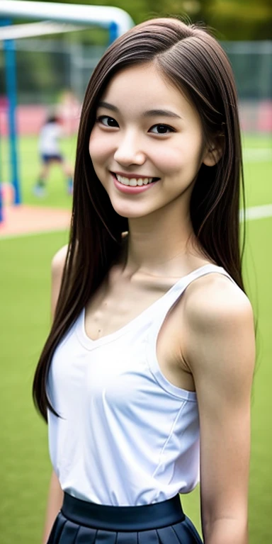 A neat female college student,  people, (skirt, Play sports often), Outside the playground, (slim), Realistic, detailed, Skin Texture, ultra detailed, Delicate and sexy collarbone, smile, super detaileded face, detaileded lips, detaileded eyes, small breasts, small, small breasts, small, flat breasts, flat