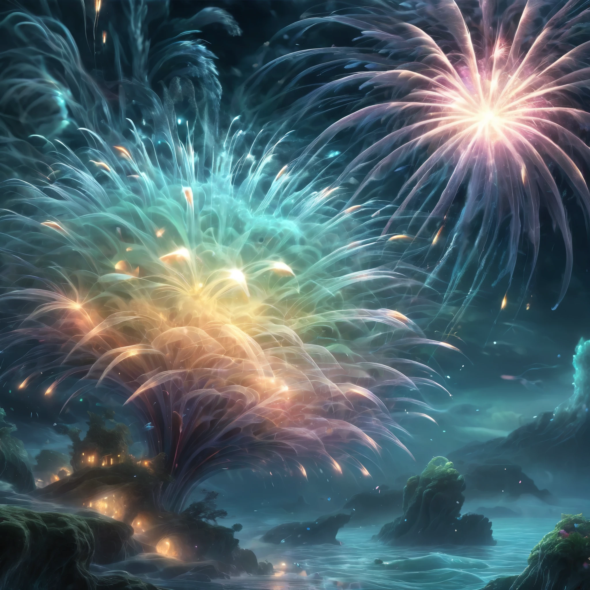 Blend fantasy and reality as 3D fireworks merge with ethereal fractal creatures, symbolizing the sea, cascading down in a dreamlike deluge of color and shape, their ephemeral presence evoking the mysterious depths of the ocean.