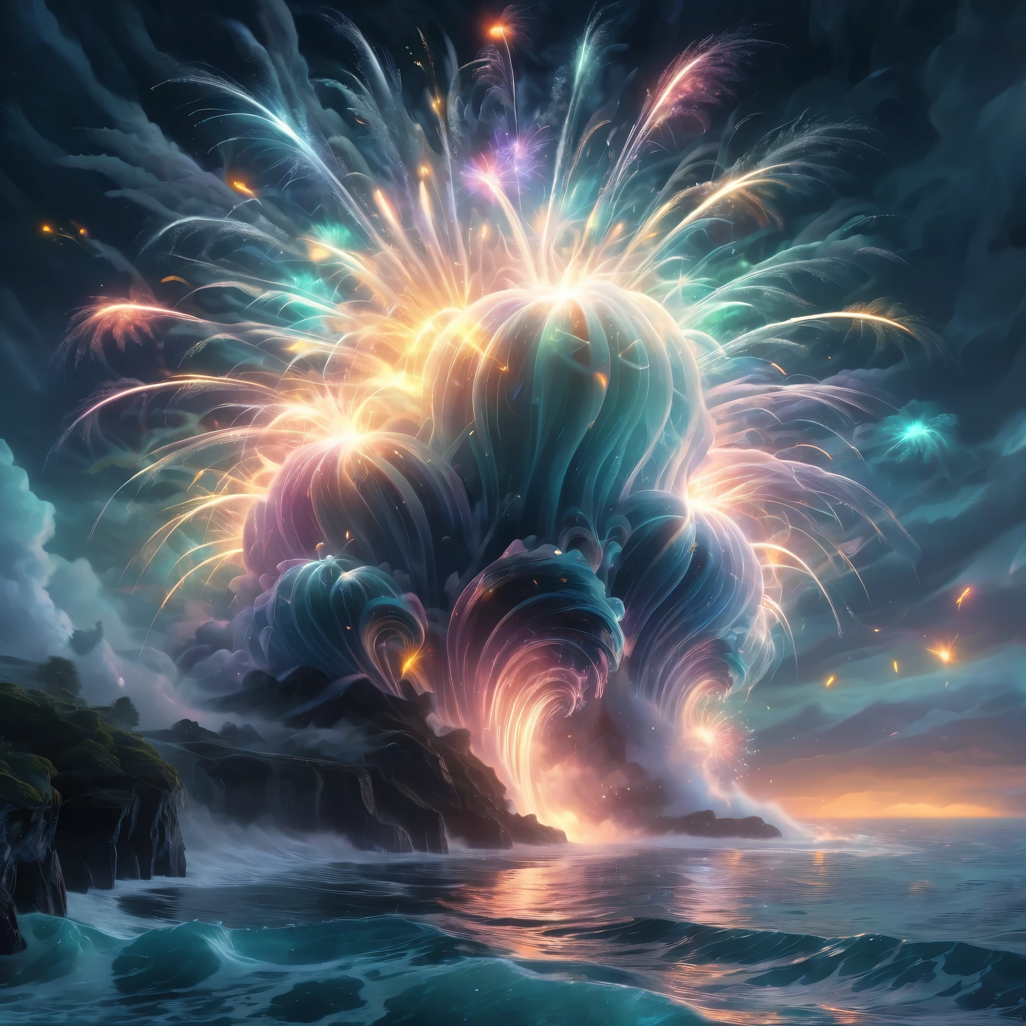 Blend fantasy and reality as 3D fireworks merge with ethereal fractal creatures, symbolizing the sea, cascading down in a dreamlike deluge of color and shape, their ephemeral presence evoking the mysterious depths of the ocean.