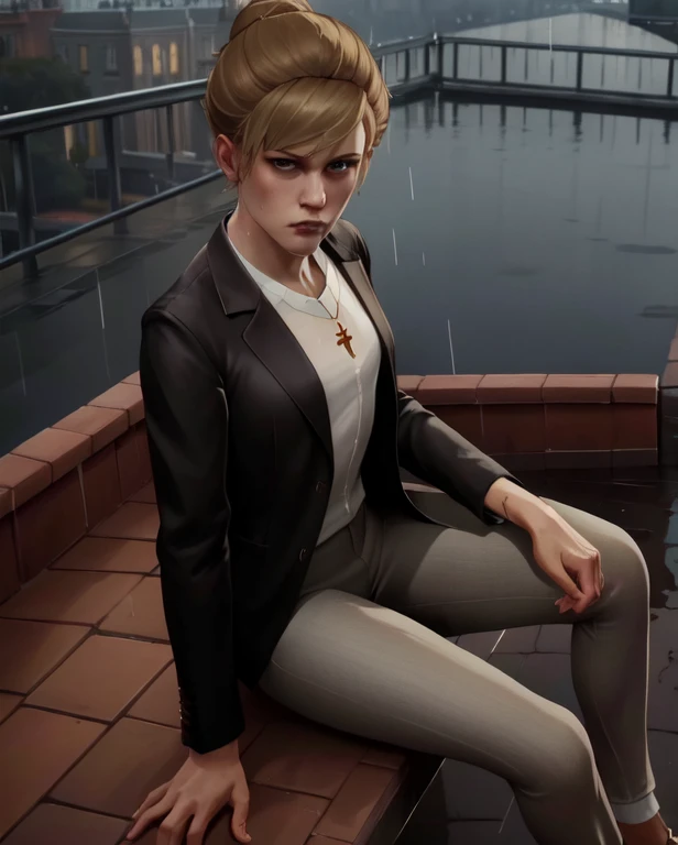 (highres, best quality:1.3), kat3LIS, dark blonde hair, hair bun, hazel eyes, slender, wool blazer, cross necklace, raining, wet clothing, wet skin, from above, wide shot, (sullen expression:1.2), (sitting on parapet:1.1), rooftop, tall red brick building, private school, oregon, skinny body, small breasts, skinny legs, tiny hips,