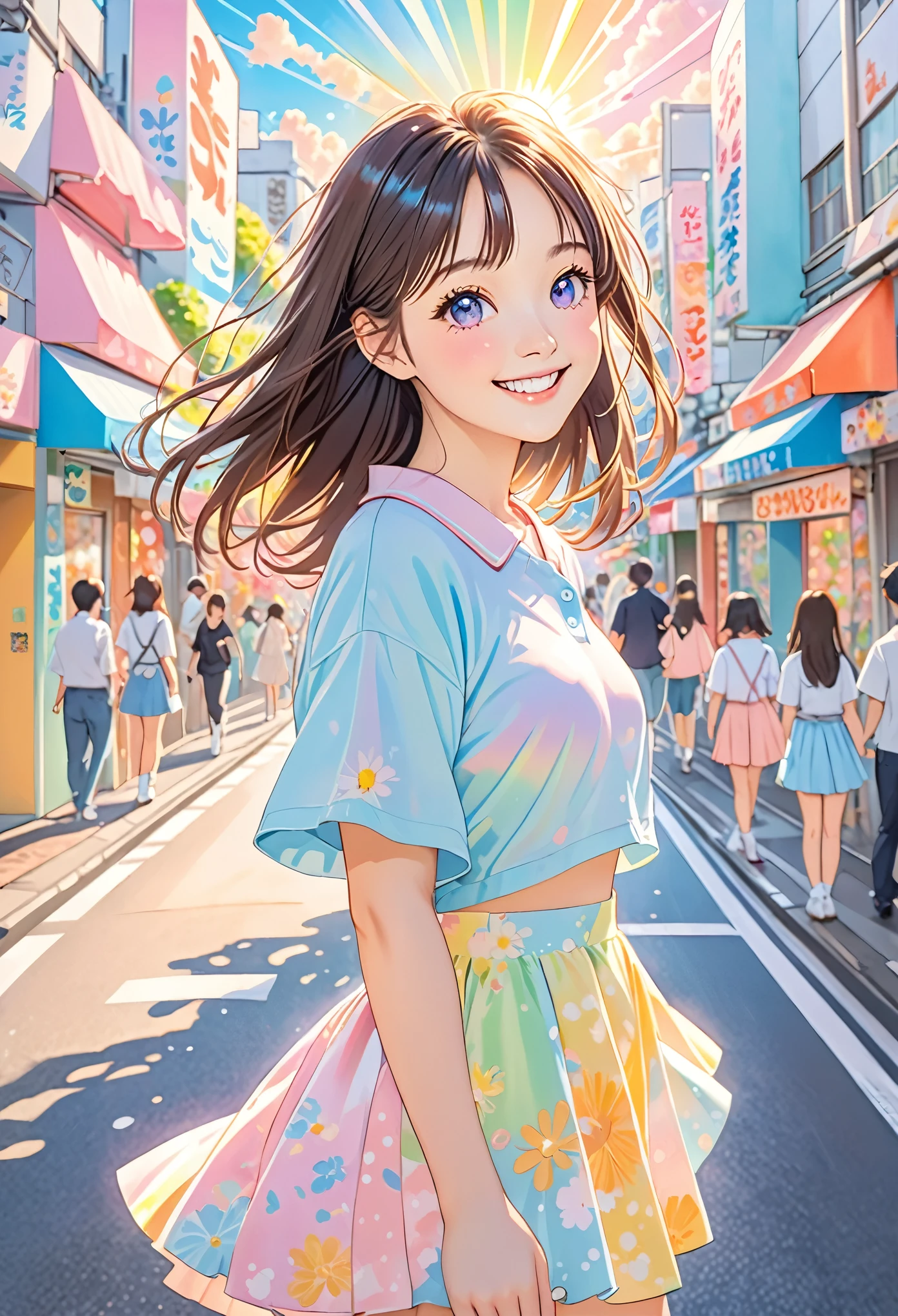 A 19-year-old strolling through the streets of Shibuya in spring, A bright and cheerful girl, Front facing, smile, Y2K Fashion, Anime-style illustrations with KyoAni-level detail, High-angle / High angle, pastel painting / pastel, colorful / colorful, kawaii / Cute, Sunshine Rays(crepuscular rays) , natural light, You are a professional animator and you must believe in your own growth and push your limits to create beautiful, fast drawings.。