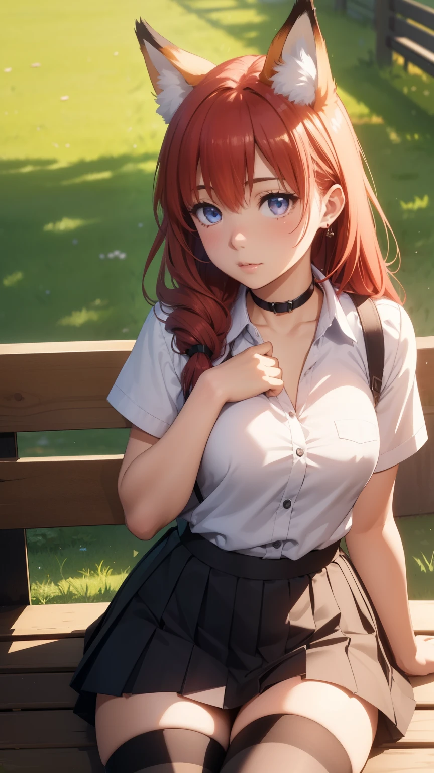 1girl, solo, highly detailed, best quality, illustration, game cg, perfect anatomy, beautiful cute face girl, beautiful red hair, beautiful detailed eyes, choker, school field, bench, sitting, natural lighting, white shirt, black pleated skirt, thigh highs, fox ears, fox tail, glossy lips