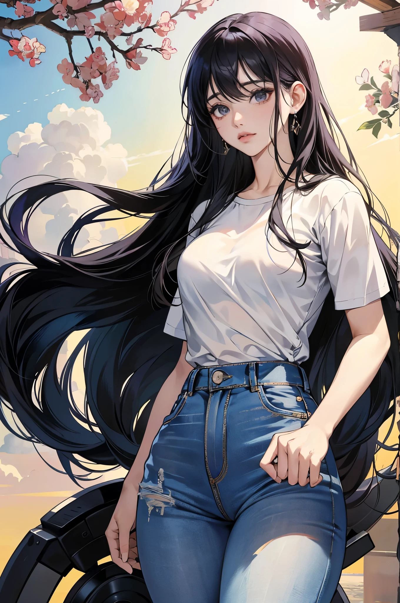 (Hinata Hyuga, muito sensual, com roupas apertadas, bunda grande, pernas grossas, Wearing extremely tight jeans, usando uma mini blusa, umbigo com pirsing, cabelo grande, Speaker behind, muito realista, extremamente sexy, 8k, 8k extremamente detalhado), (um extremamente delicado e bonito), (obra-prima), (melhor qualidade: 1.0), (ultra highres:1.0)
