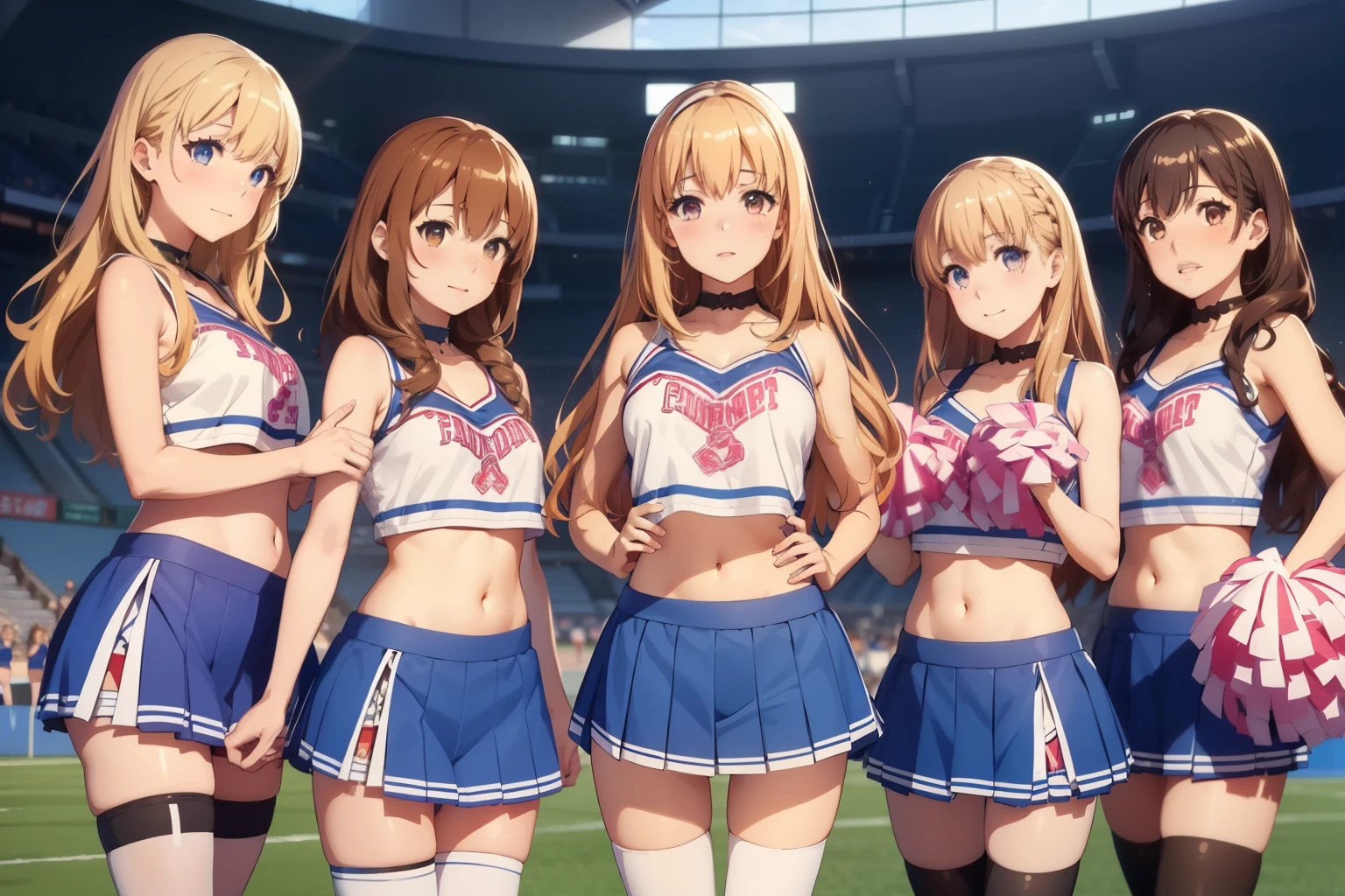 5girls, (multiple girls), highly detailed, best quality, illustration, game cg, perfect anatomy, beautiful cute face girl, beautiful hair, beautiful detailed eyes, choker, (cheerleader), midriff, school field, natural lighting, aichan, latifa fleuranza, yuigahama yui, white thigh highs, collarbone, sleeveless, cheerleading,