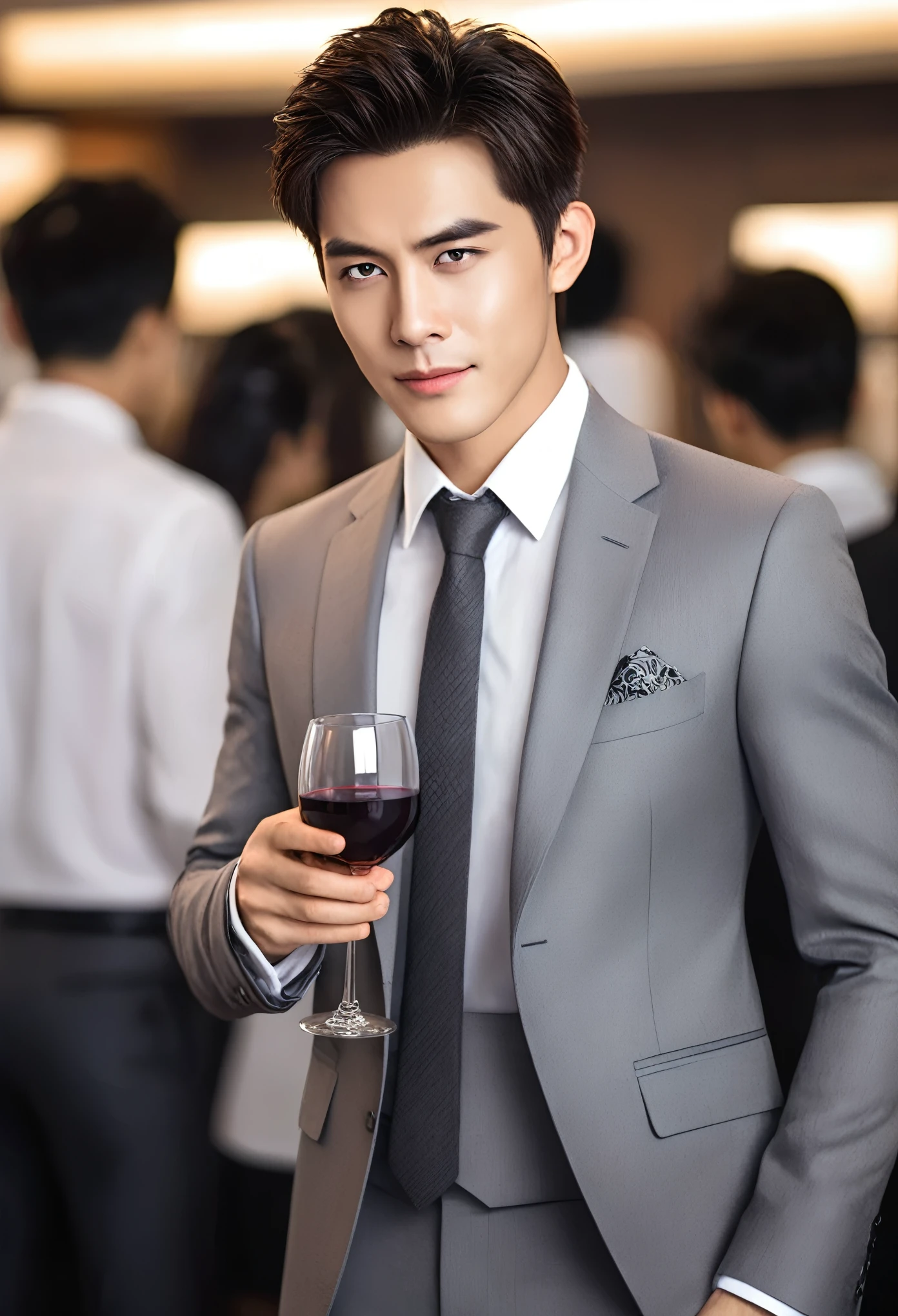 Best quality:1.1) (True:1.1)， (photography:1.1)， (Highly detailed:1.1)，Looking at the audience，armband，Holding a red wine glass，eyelash，confidence，Straight suit，Evil Smile，Handsome CEO，Chinese handsome guy (Very detailed eyes and face)，(Lighting on the face)，Suit[clothing]，， (solo:1.2) office，A sexy woman standing behind，（Comic Style）