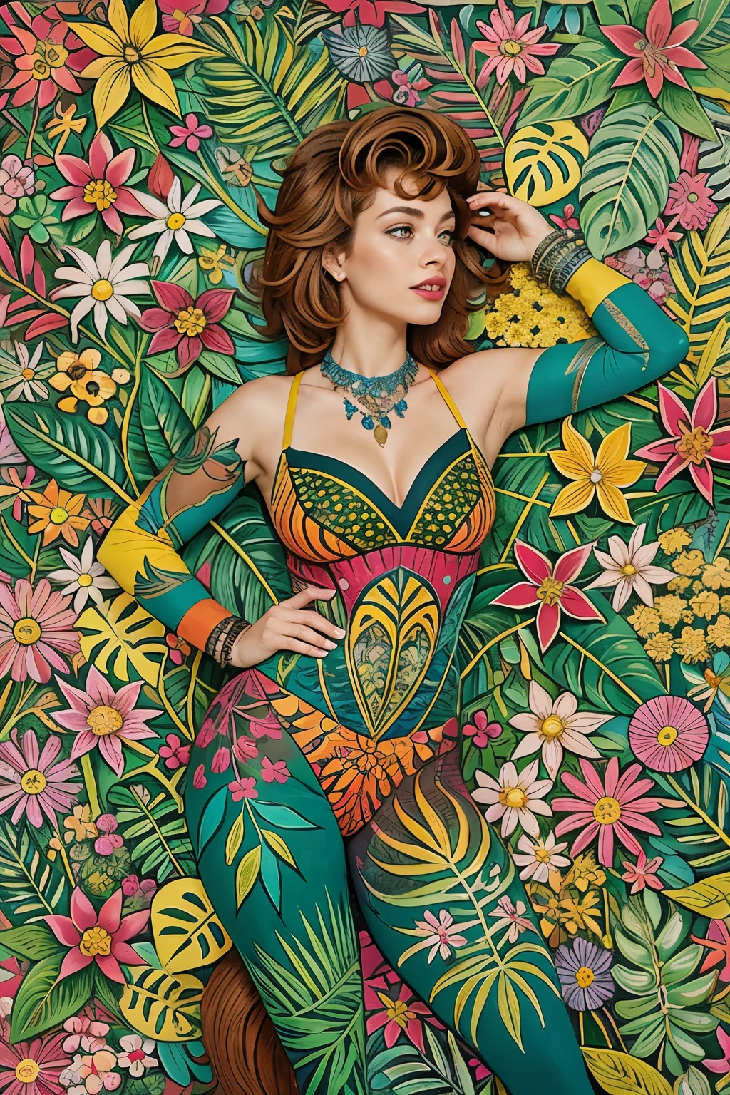 Create a naive art painting inspired by Halyna Kulaga and Laurel Burch. Depict a beautiful squirrel girl amidst lush jungle foliage, using bold, expressive strokes and textural elements.
Imagine the squirrel girl with a playful expression, her fur adorned with intricate patterns and vibrant colors. She is surrounded by exotic leaves and colorful flowers.
In the background, paint a radiant, colorful moon that casts a magical glow over the scene. The moon's hues blend harmoniously with the jungle's vivid colors, creating a dreamlike atmosphere.
Add a whimsical spider weaving an intricate web nearby, its body adorned with bright, decorative patterns, enhancing the scene's charm and wonder.
Incorporate elements of whimsy and fantasy with bold, saturated colors. Use thick, textured brushstrokes to add depth and dimension, making the foliage, squirrel girl, and spider stand out.