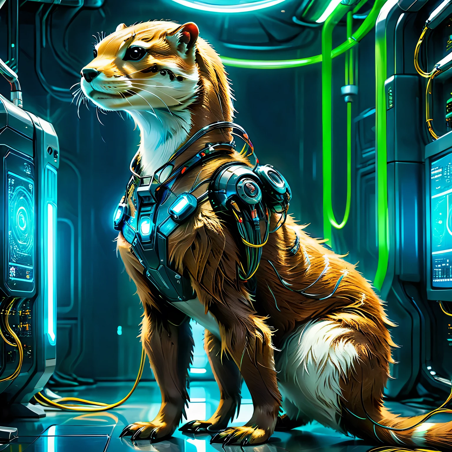 An Otter Cyber Art, otter is a very sophisticated high-tech cyborg with artificial intelligence in some secret cyber laboratory, difficult, detailed, wires and electronics, light and lasers, neon, sensors, detailed photo, otter cyborg is shown in detail, full pose, full body, texture smoothing, unreal engine 5