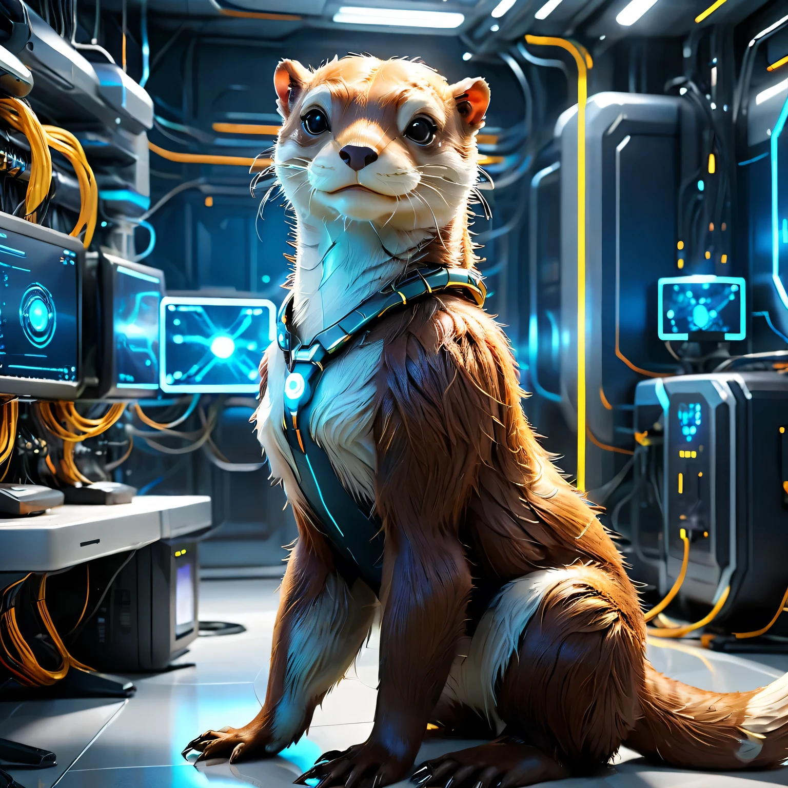 An Otter Cyber Art, realistic otter is a very sophisticated high-tech cyborg with artificial intelligence in some secret cyber laboratory, difficult, detailed, wires and electronics, light and lasers, neon, sensors, detailed photo, cyborg otter is shown in detail, full pose, full body, texture smoothing, unreal engine 5, Color depth, texture depth, nanopixyl