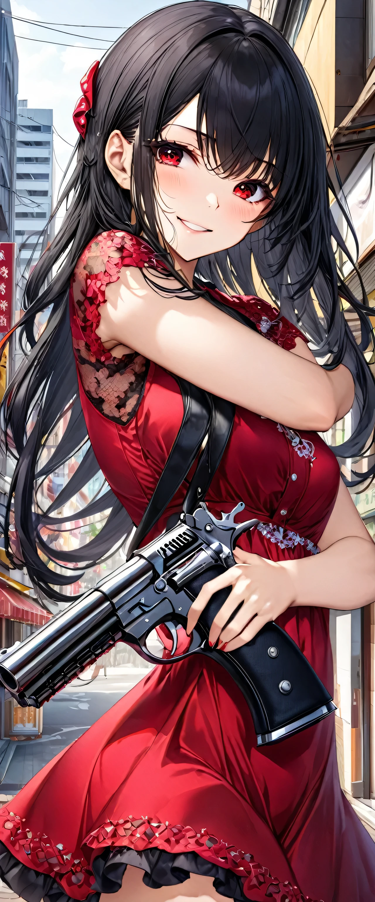 ((Outlaw style)) ((in a red devil princess dress is best beautiful)), (hand holding gun is Colt Python, gripping Colt Python on hand), (solo straight black hair long hair cute evil girl, 18 yo, detailed red eyes, evil smile, is Shoot a gun of Colt Python), break, (in the Downtown of Fukuoka), BREAK, perfect anatomy, masterpiece, best quality, 16k.