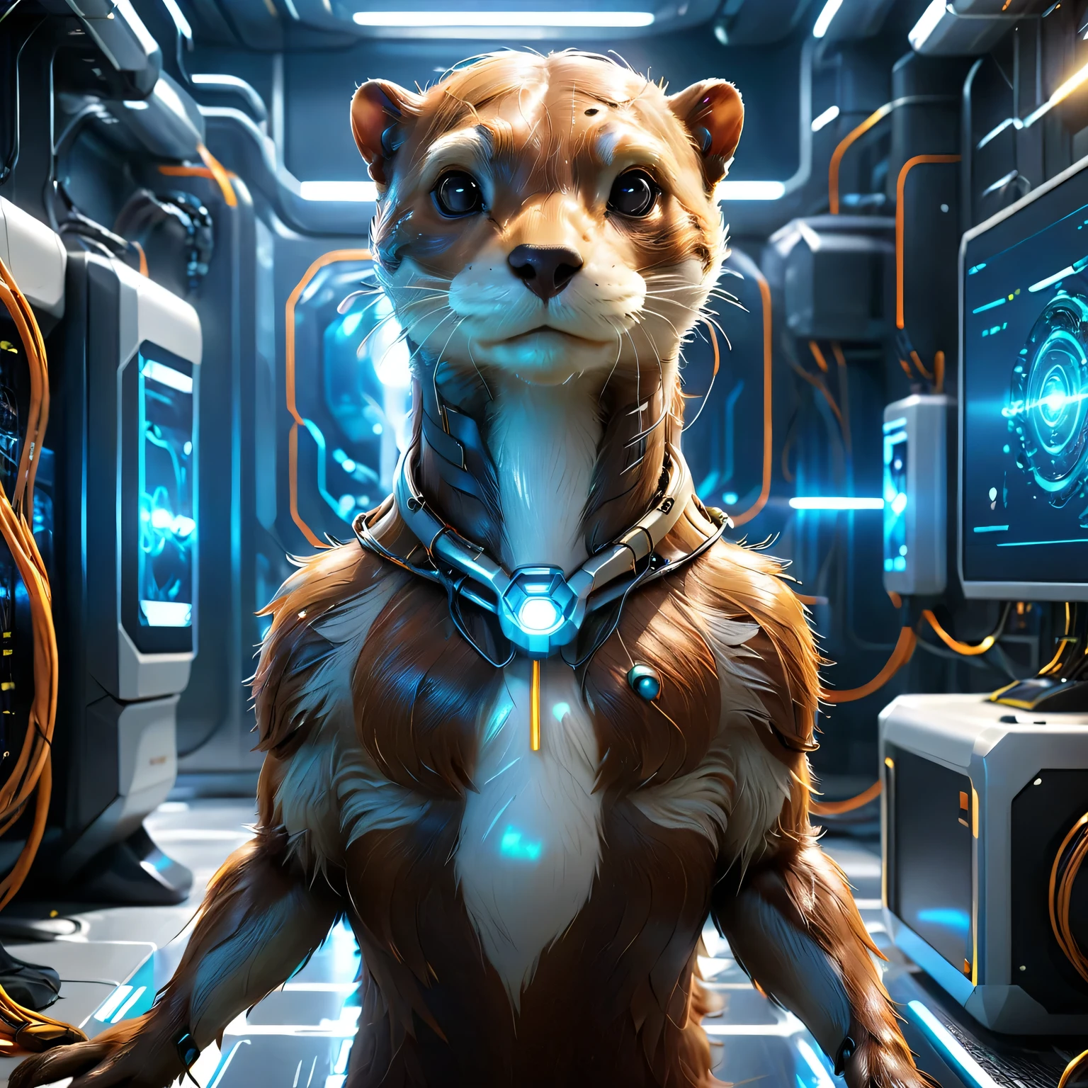 An Otter Cyber Art, realistic otter is a very sophisticated high-tech cyborg with artificial intelligence in some secret cyber laboratory, difficult, detailed, wires and electronics, light and lasers, neon, sensors, detailed photo, cyborg otter is shown in detail, full pose, full body, texture smoothing, unreal engine 5, Color depth, texture depth, nanopixyl