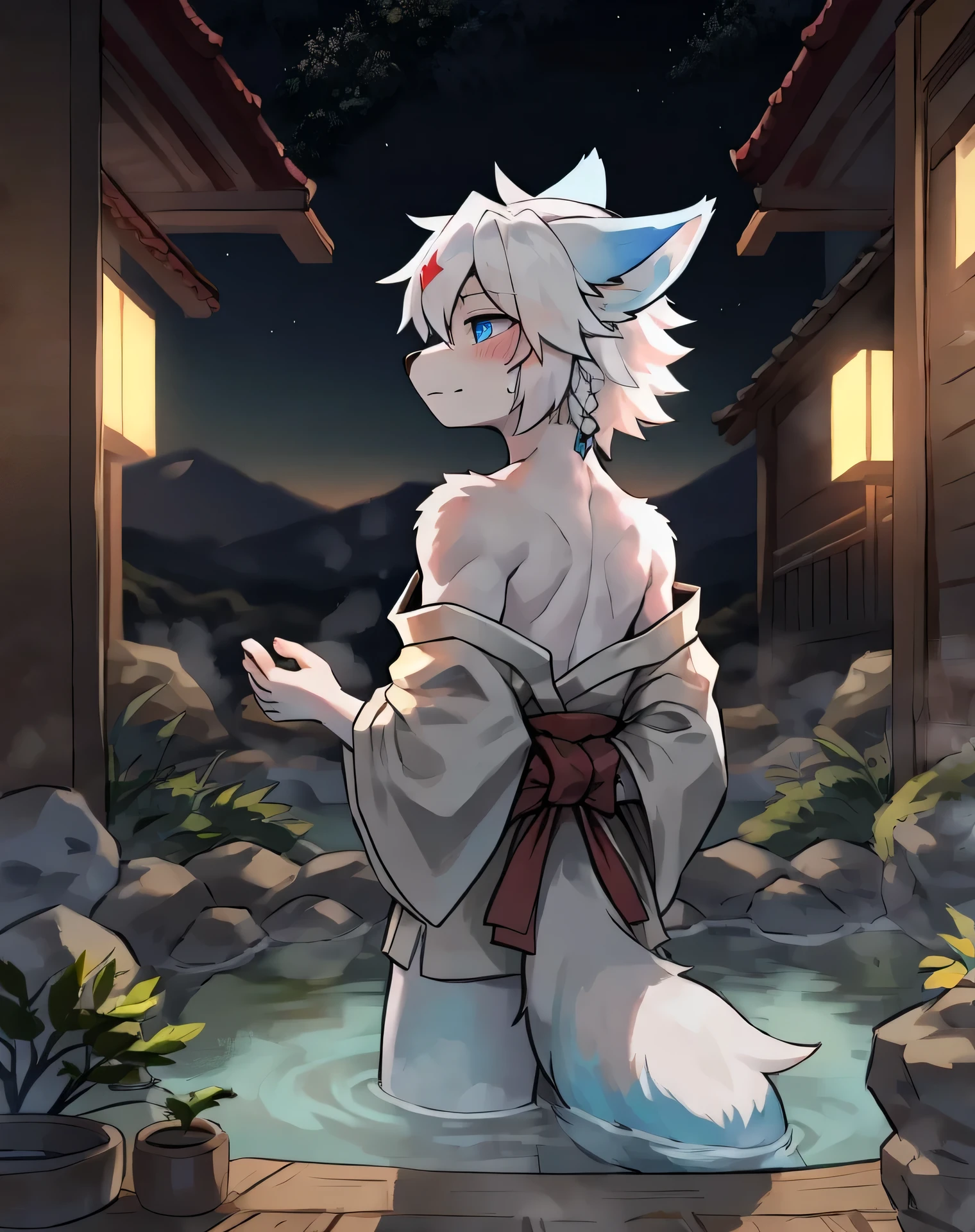 (masterpiece, best quality:1.3), high resolution, Wolf，White hair，The fur on the arms and calves is a gradient sky blue，Sky blue pupils，There is a golden star mark in the middle of the forehead，Sky blue ear hair，Wears a pale pink kimono，Clothes loose and half-off，Expose your shoulders，Stand in the hot spring pool，Back against the stone，A flush on his face，Blurred eyes，Background semi open，Time night，The open-air part is the starry sky，Background building is Japanese house interior and gravel road，Male beasts too，Long white hair，Hair floating in hot spring water，Soak in hot spring water from the abdomen down